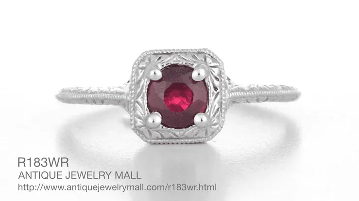 Filigree Scrolls Art Deco Engraved Ruby Engagement Ring in 14 Karat White Gold