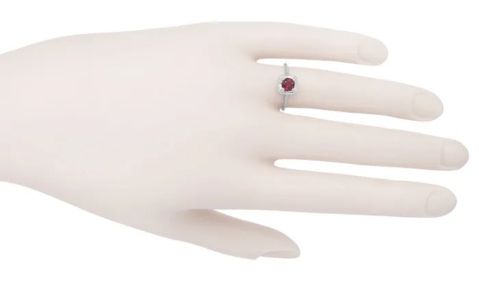 Filigree Scrolls Art Deco Engraved Ruby Engagement Ring in 14 Karat White Gold