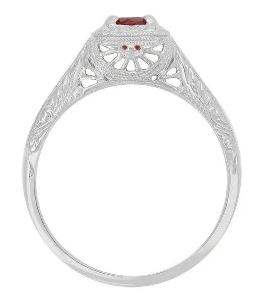 Filigree Scrolls Art Deco Engraved Ruby Engagement Ring in 14 Karat White Gold