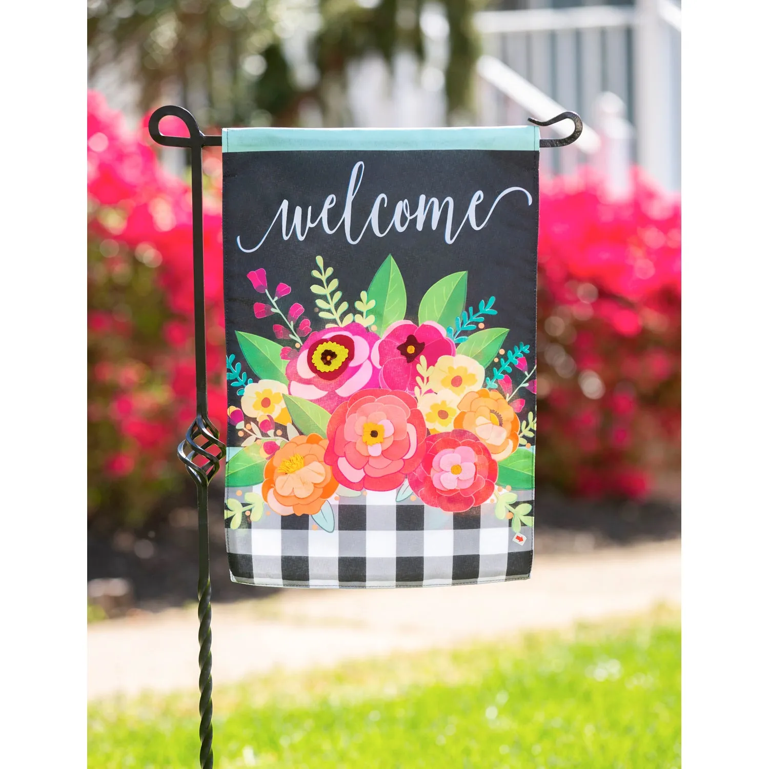 Floral Welcome Check Garden Linen Flag,14l9633