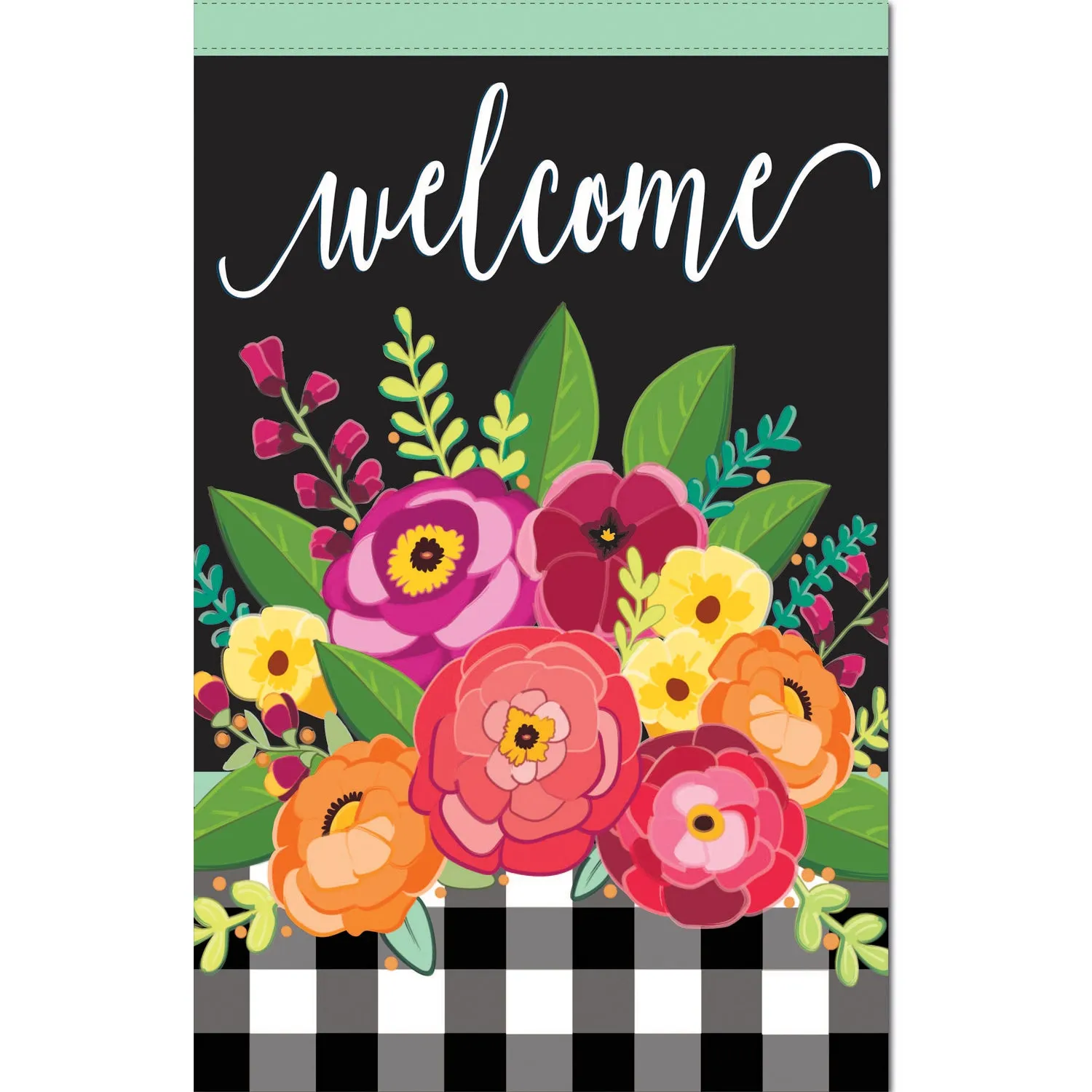 Floral Welcome Check Garden Linen Flag,14l9633