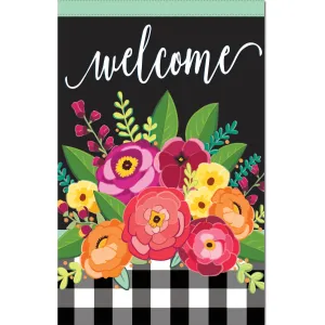 Floral Welcome Check Garden Linen Flag,14l9633