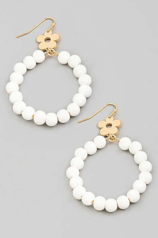 Flower Accent Clay Bead Dangle Earrings - White
