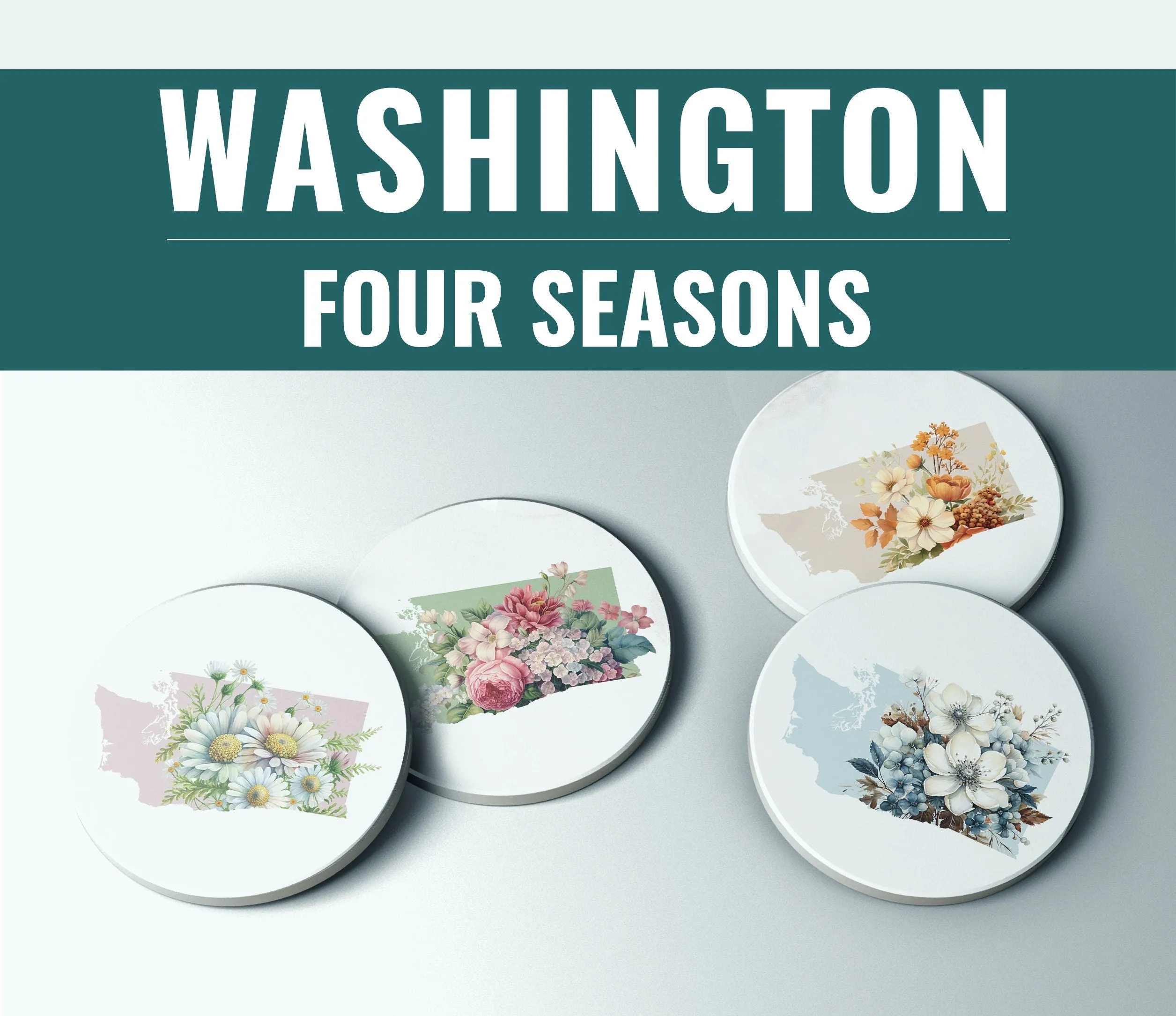 Flower Coasters - Washington State Stone with Cork Back, Beautiful Floral Design, Eco-Friendly Home Decor & Gift Idea