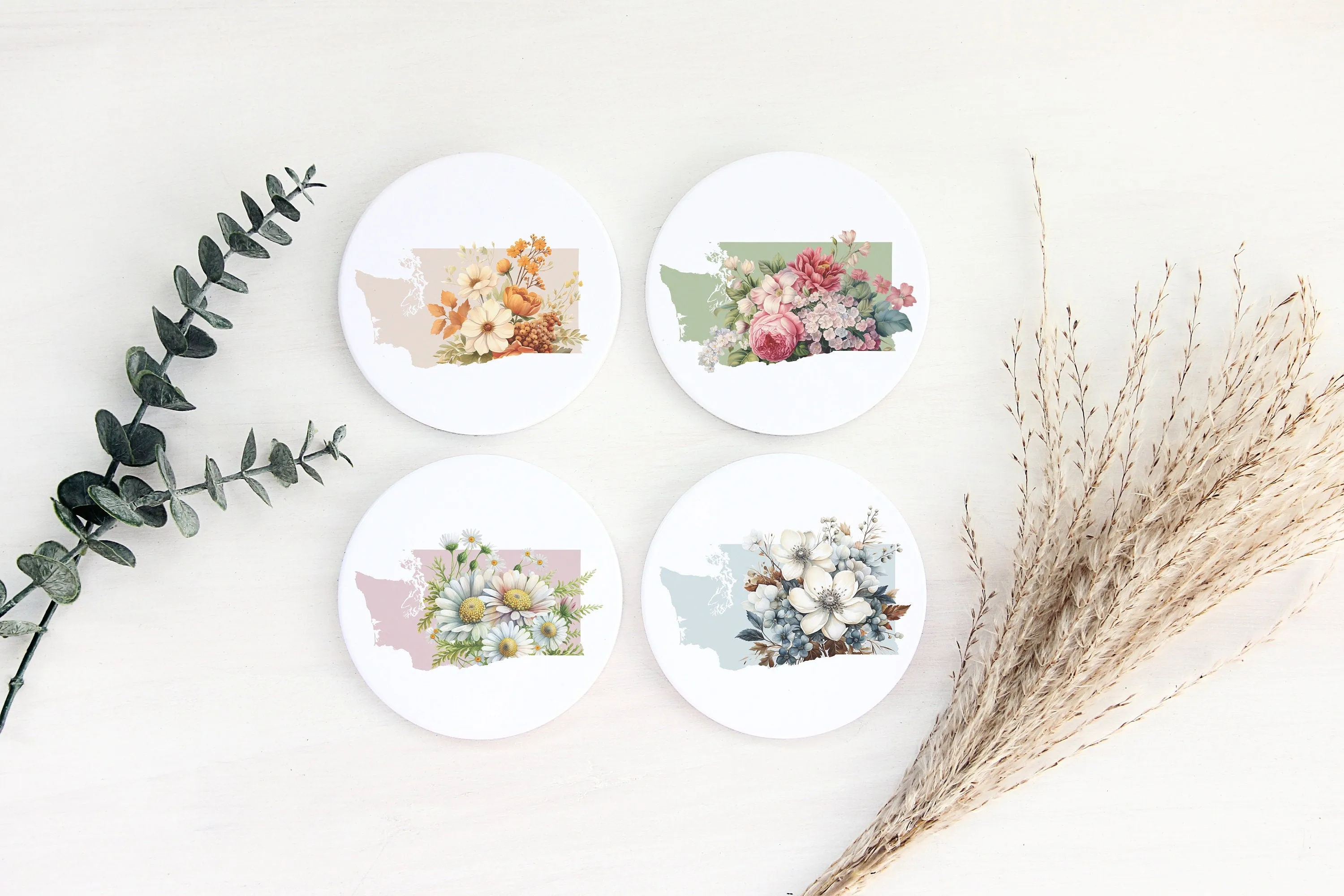 Flower Coasters - Washington State Stone with Cork Back, Beautiful Floral Design, Eco-Friendly Home Decor & Gift Idea