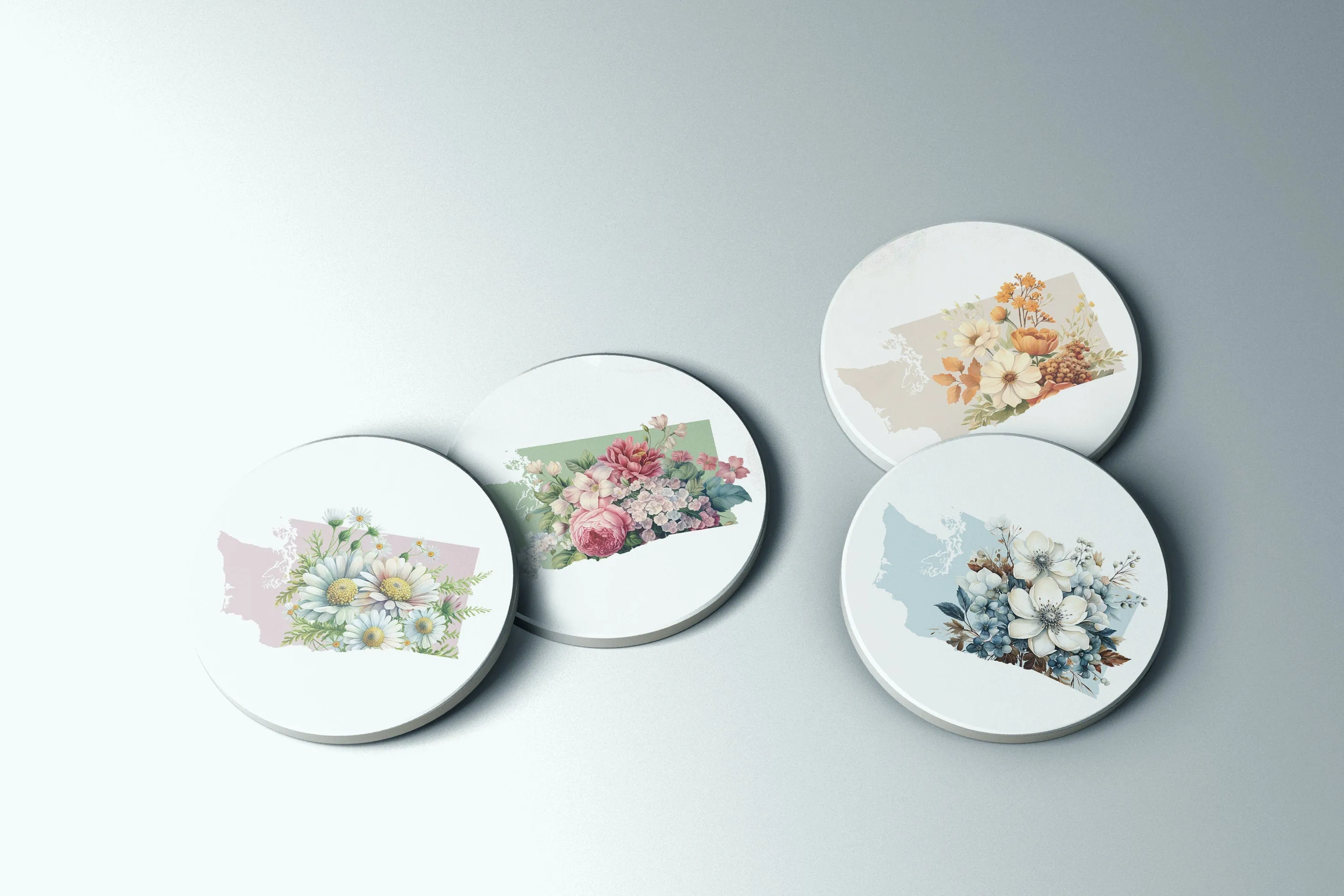 Flower Coasters - Washington State Stone with Cork Back, Beautiful Floral Design, Eco-Friendly Home Decor & Gift Idea