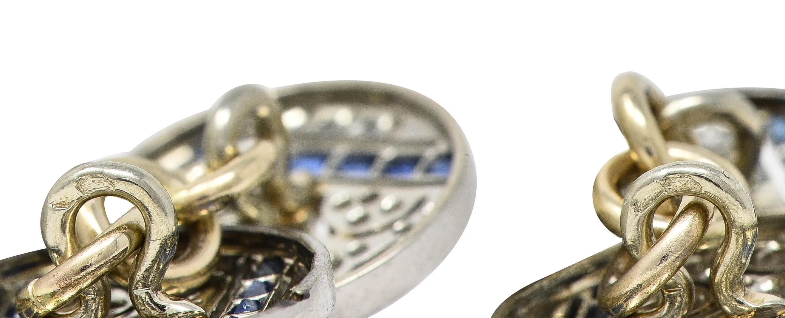 French Art Deco 1.60 CTW Sapphire Diamond Platinum 18 Karat Gold Disk Antique Cufflinks