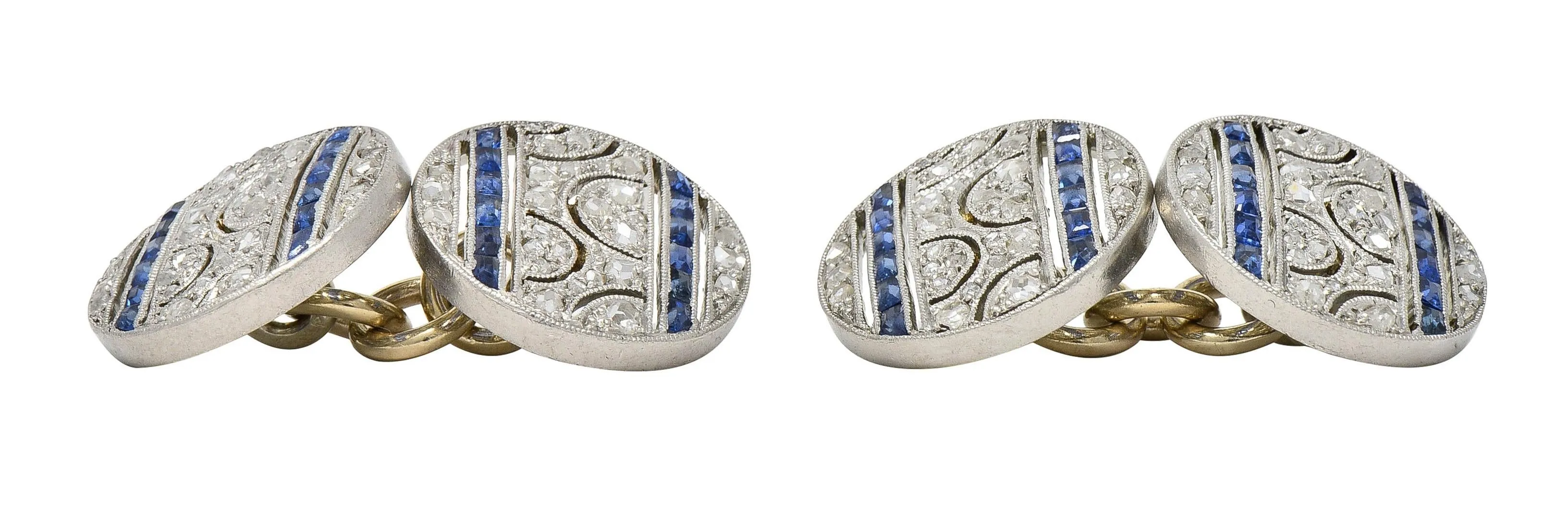French Art Deco 1.60 CTW Sapphire Diamond Platinum 18 Karat Gold Disk Antique Cufflinks