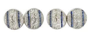 French Art Deco 1.60 CTW Sapphire Diamond Platinum 18 Karat Gold Disk Antique Cufflinks