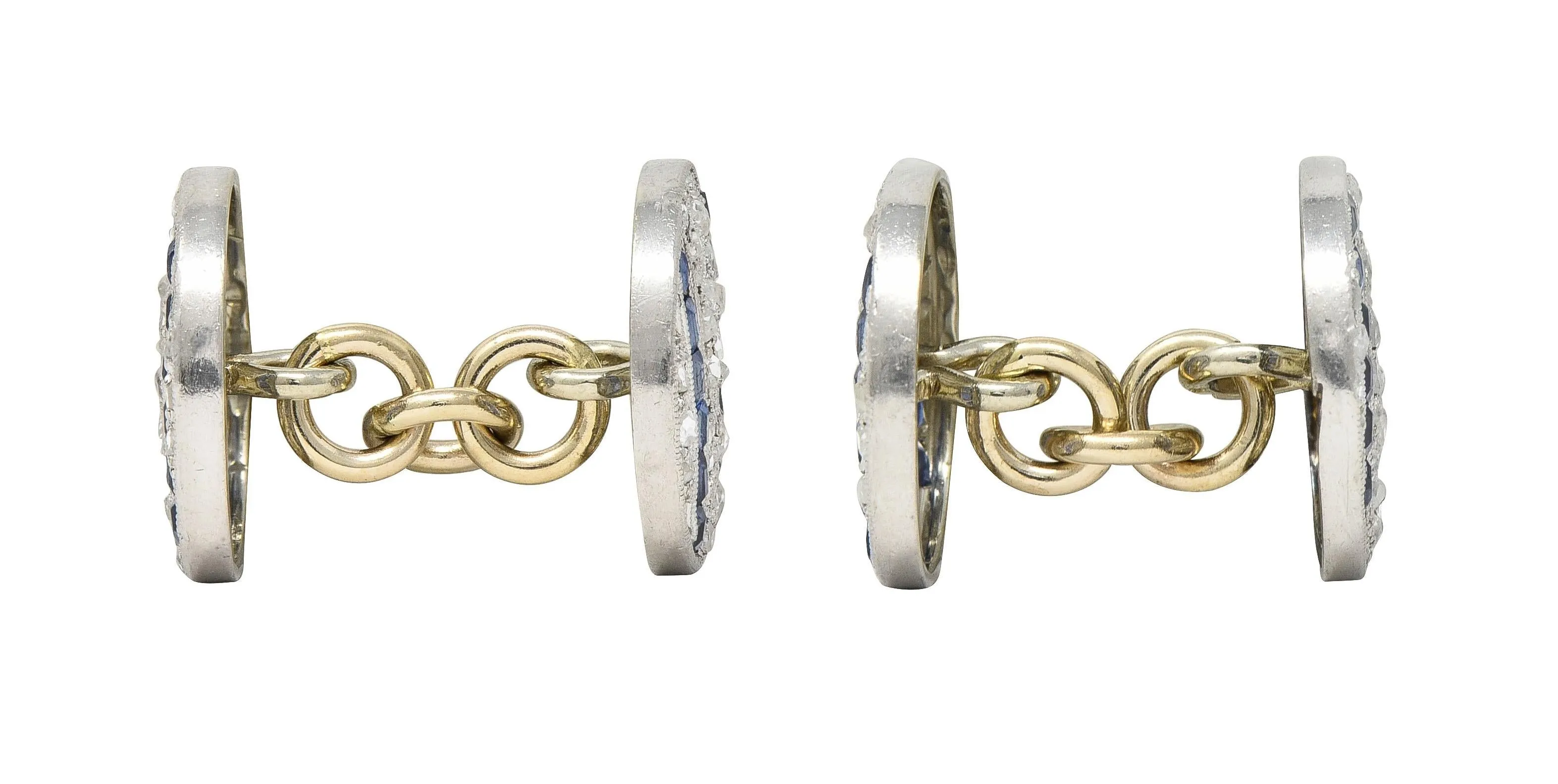 French Art Deco 1.60 CTW Sapphire Diamond Platinum 18 Karat Gold Disk Antique Cufflinks