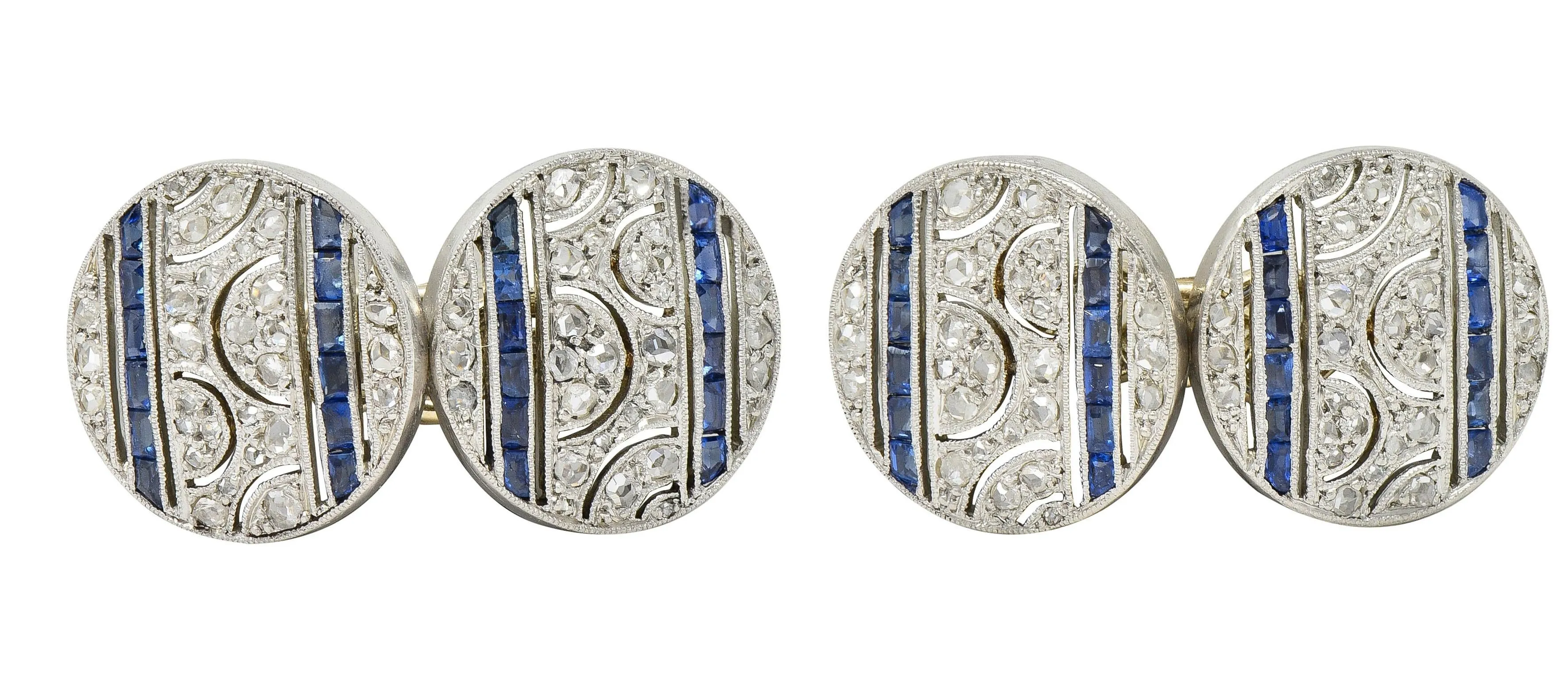 French Art Deco 1.60 CTW Sapphire Diamond Platinum 18 Karat Gold Disk Antique Cufflinks