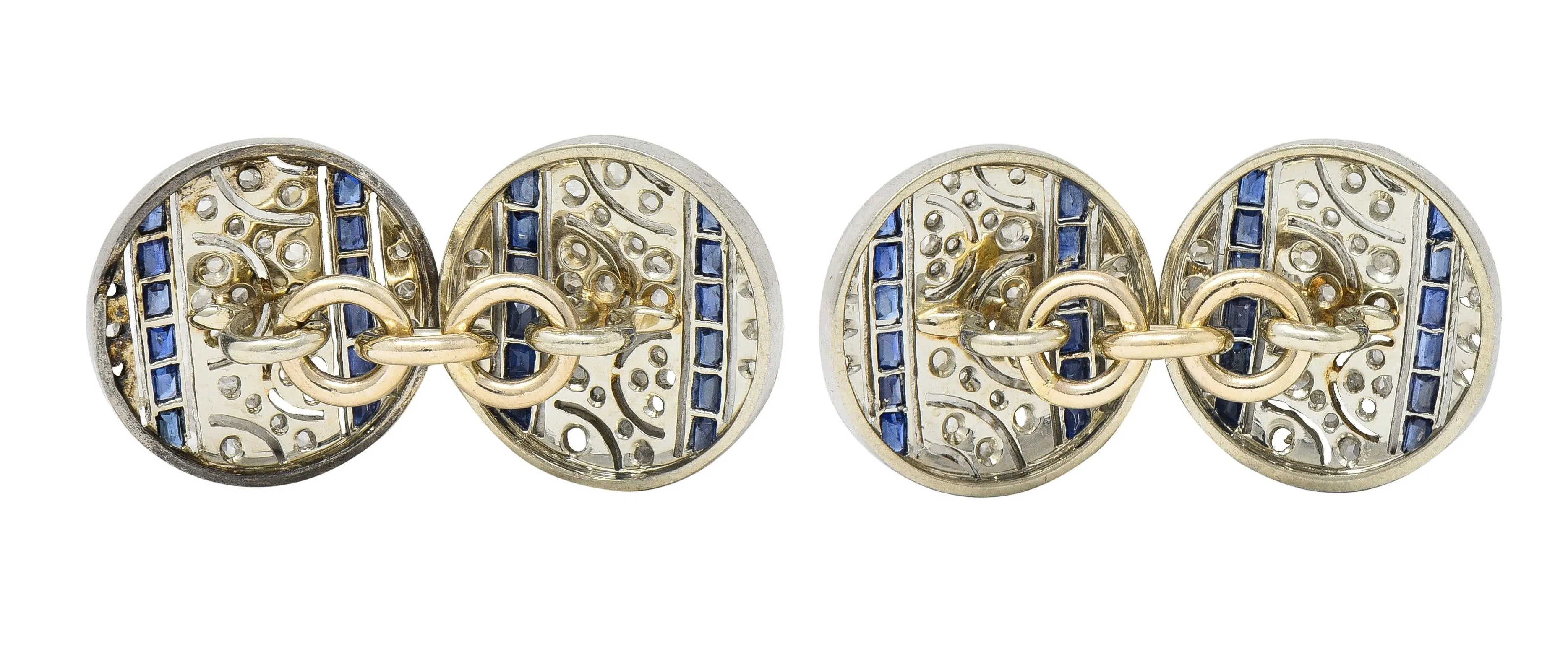French Art Deco 1.60 CTW Sapphire Diamond Platinum 18 Karat Gold Disk Antique Cufflinks