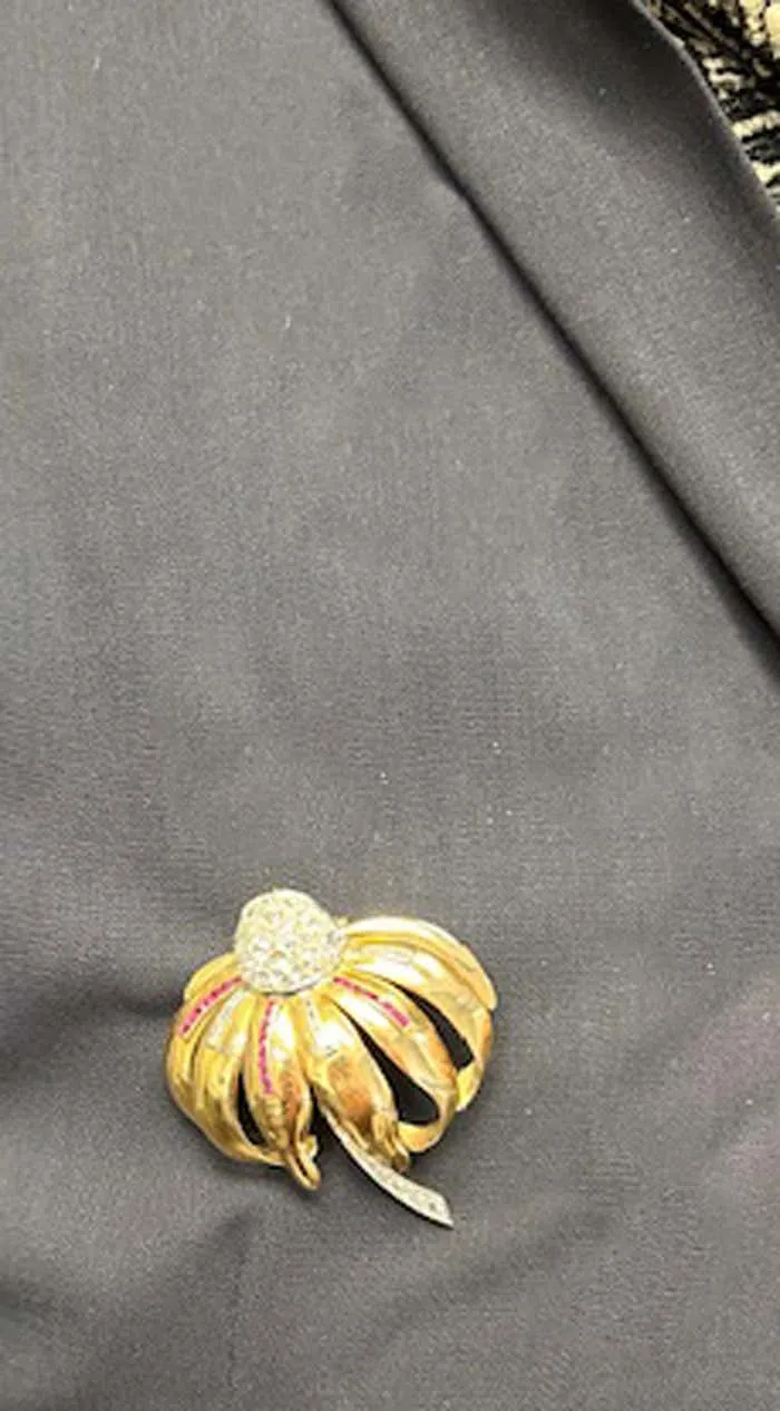 French Art Deco Old Mine Diamond Ruby Platinum 18 Karat Gold Flower Brooch