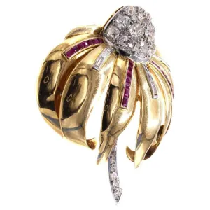 French Art Deco Old Mine Diamond Ruby Platinum 18 Karat Gold Flower Brooch