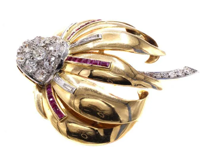 French Art Deco Old Mine Diamond Ruby Platinum 18 Karat Gold Flower Brooch
