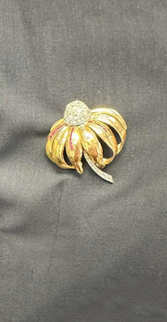 French Art Deco Old Mine Diamond Ruby Platinum 18 Karat Gold Flower Brooch