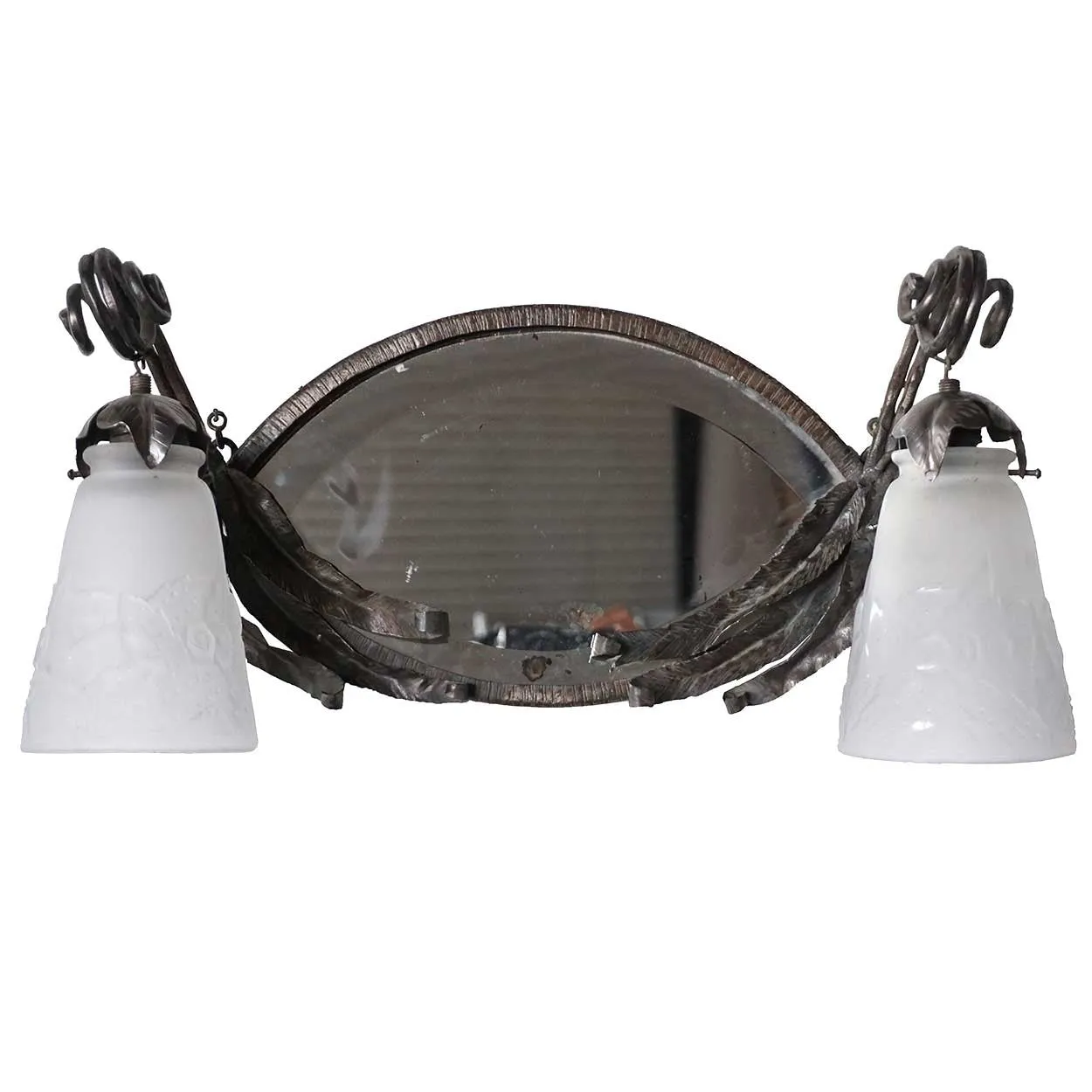 French Muller Freres Fer Forge, Mirrored and Glass Two-Light Wall Sconce