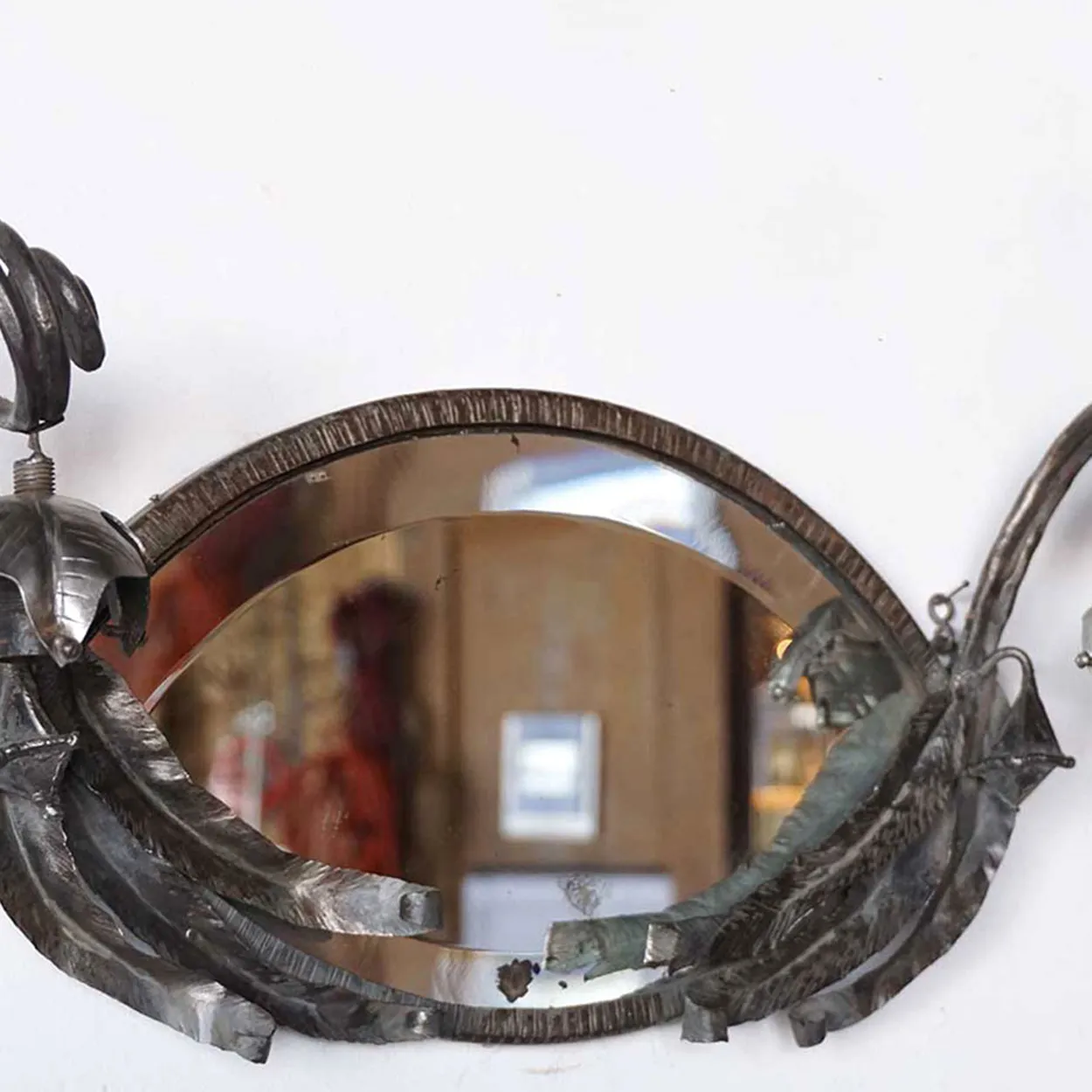 French Muller Freres Fer Forge, Mirrored and Glass Two-Light Wall Sconce