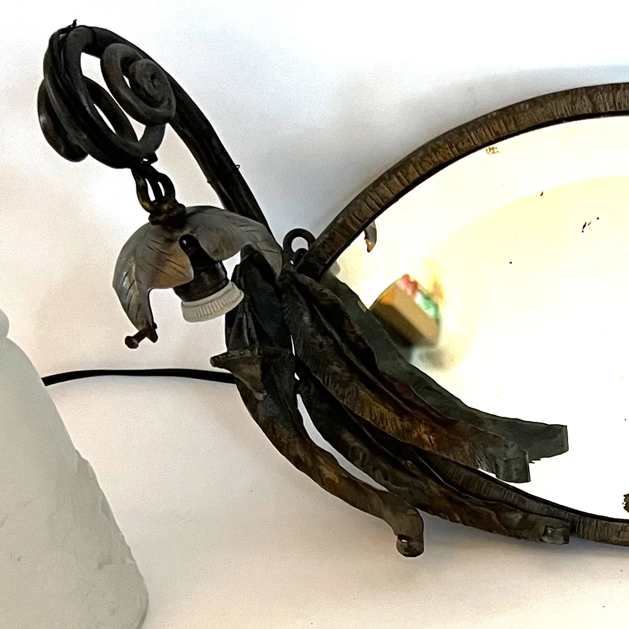 French Muller Freres Fer Forge, Mirrored and Glass Two-Light Wall Sconce
