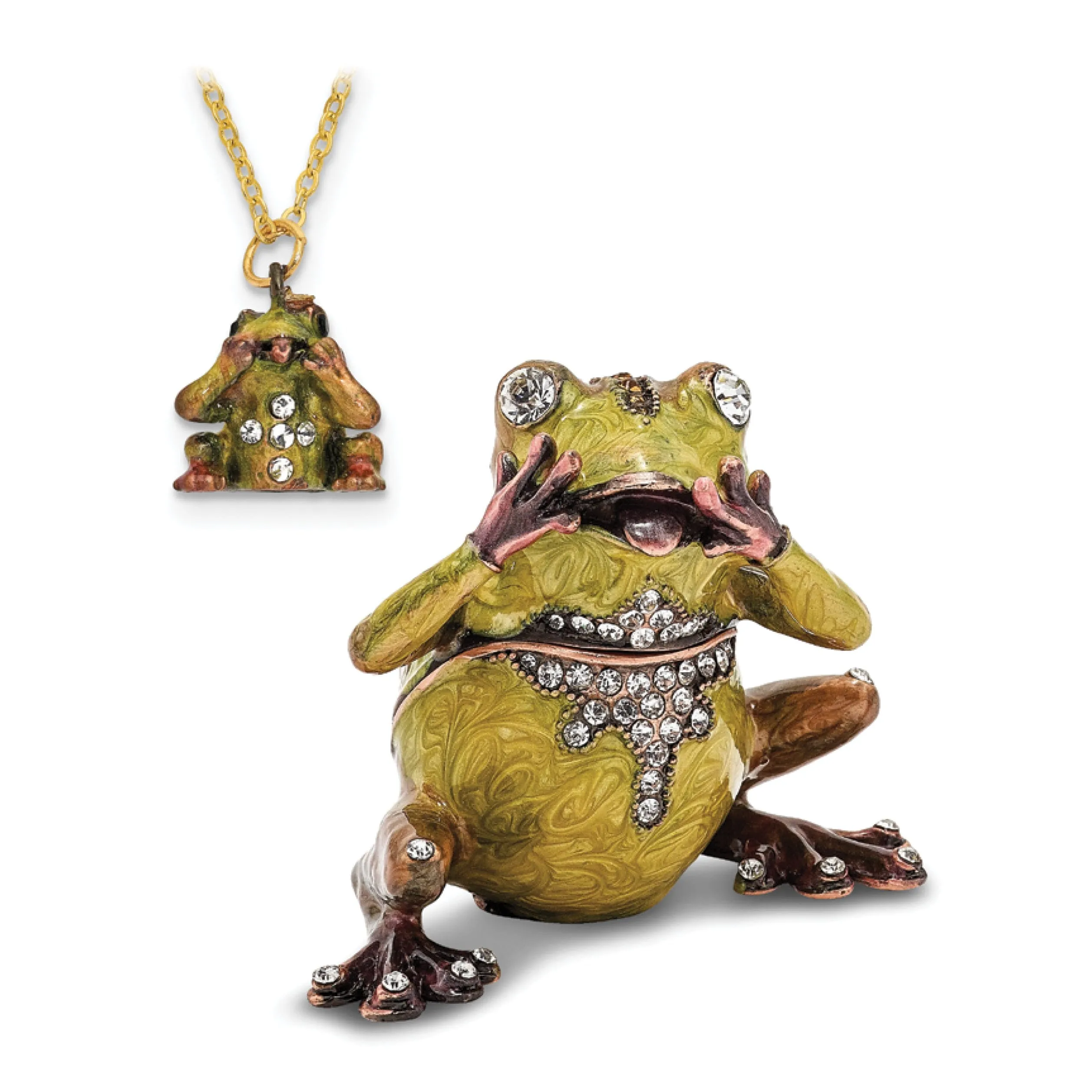 Frog Trinket Box Green Yellow and Pink Enamel