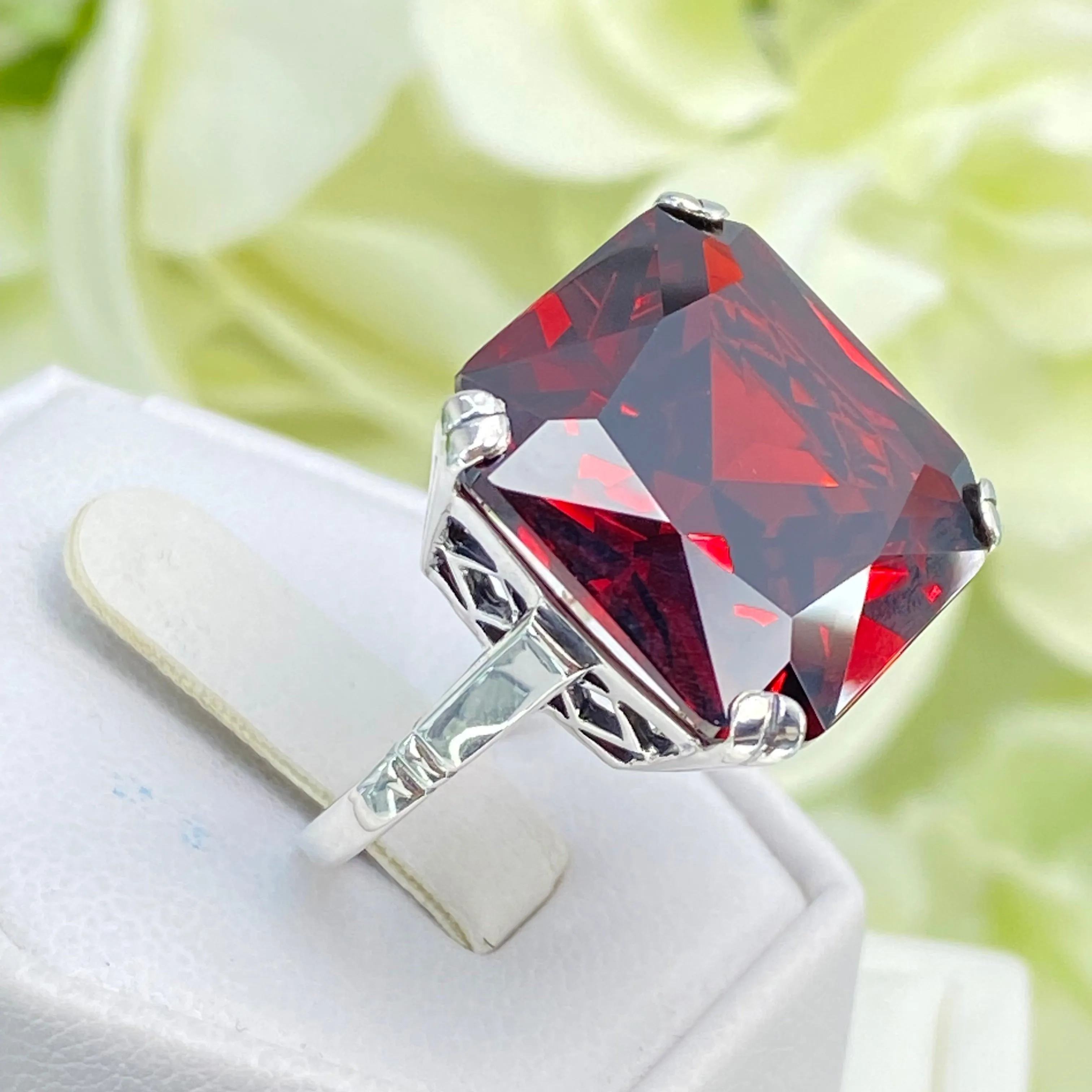 Garnet CZ Ring, 20ct Big Huge Square Gem, Vintage Jewelry #D1