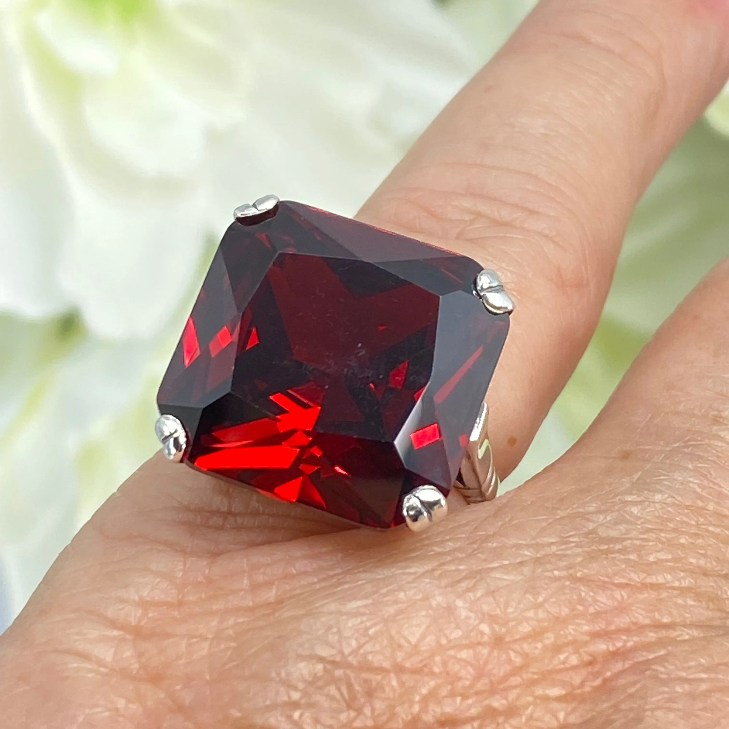 Garnet CZ Ring, 20ct Big Huge Square Gem, Vintage Jewelry #D1