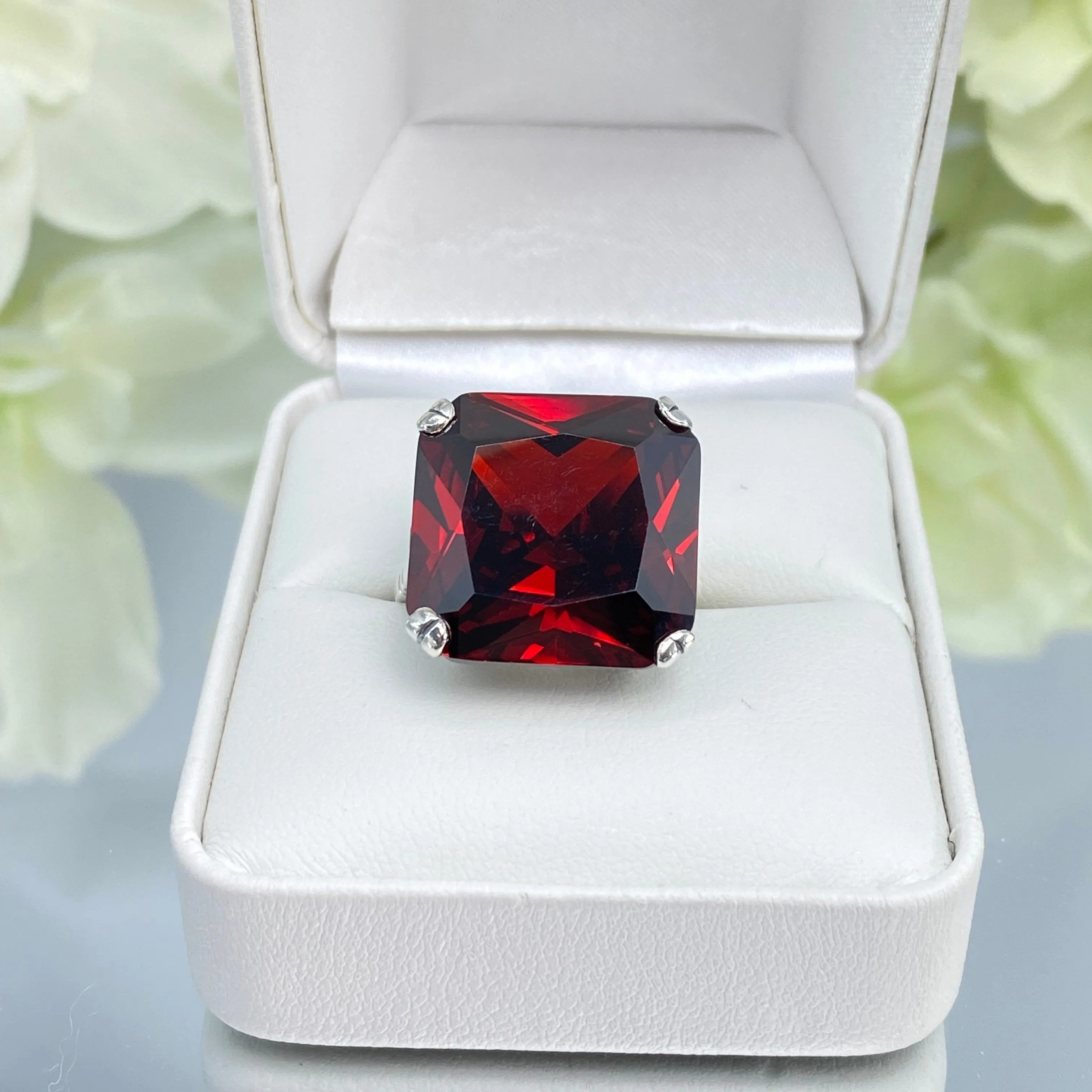 Garnet CZ Ring, 20ct Big Huge Square Gem, Vintage Jewelry #D1