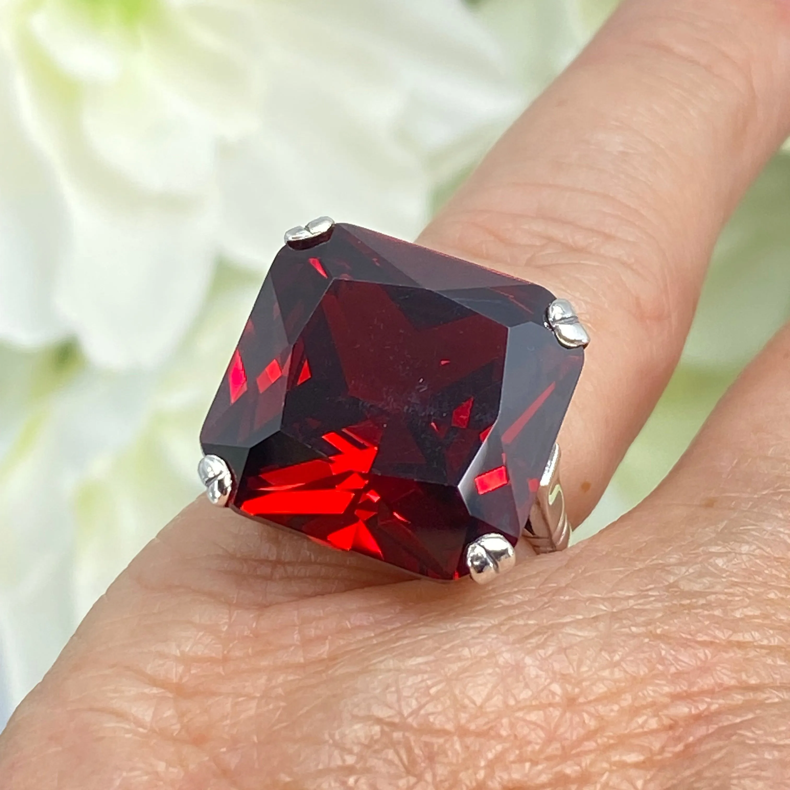 Garnet CZ Ring, 20ct Big Huge Square Gem, Vintage Jewelry #D1