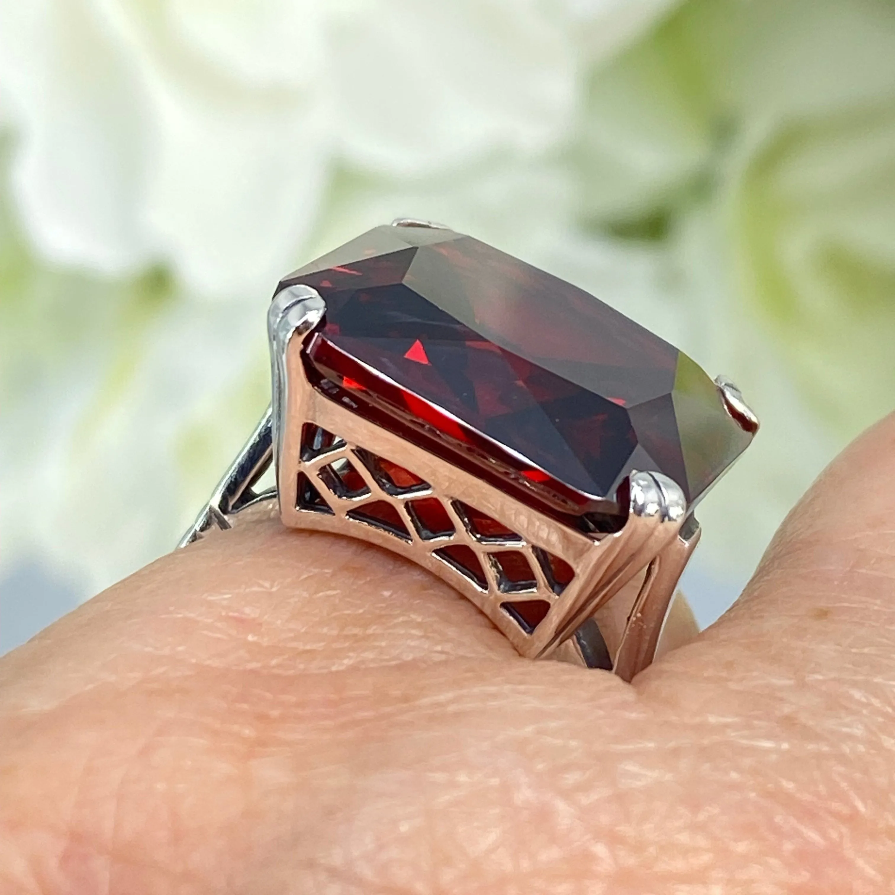 Garnet CZ Ring, 20ct Big Huge Square Gem, Vintage Jewelry #D1