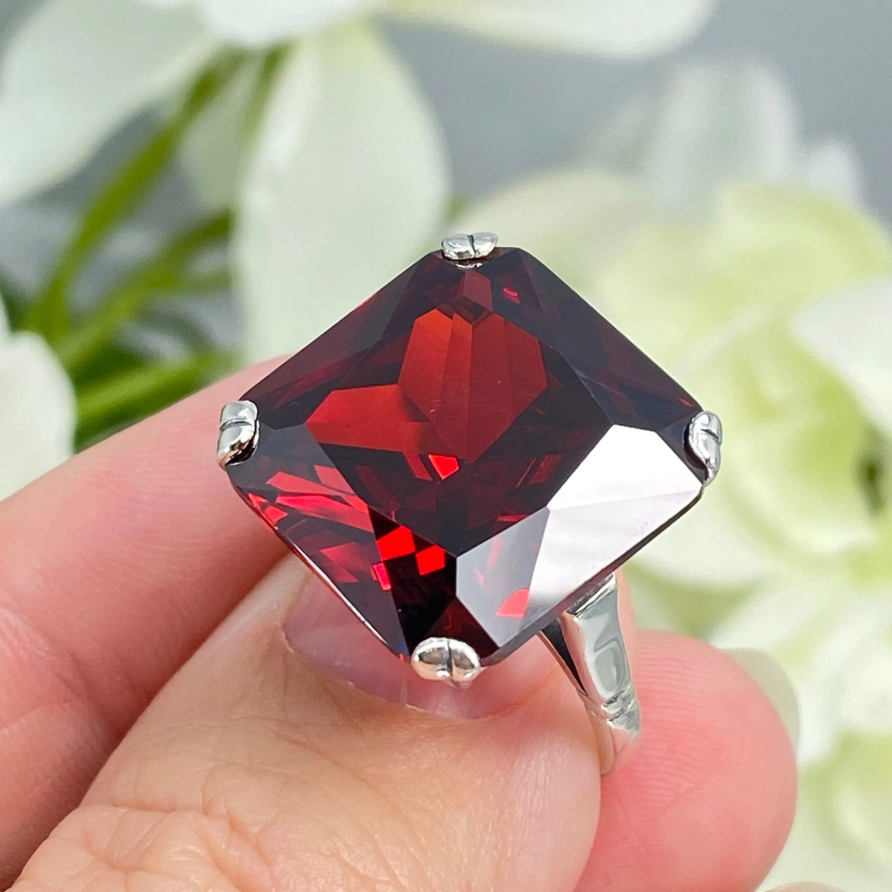 Garnet CZ Ring, 20ct Big Huge Square Gem, Vintage Jewelry #D1