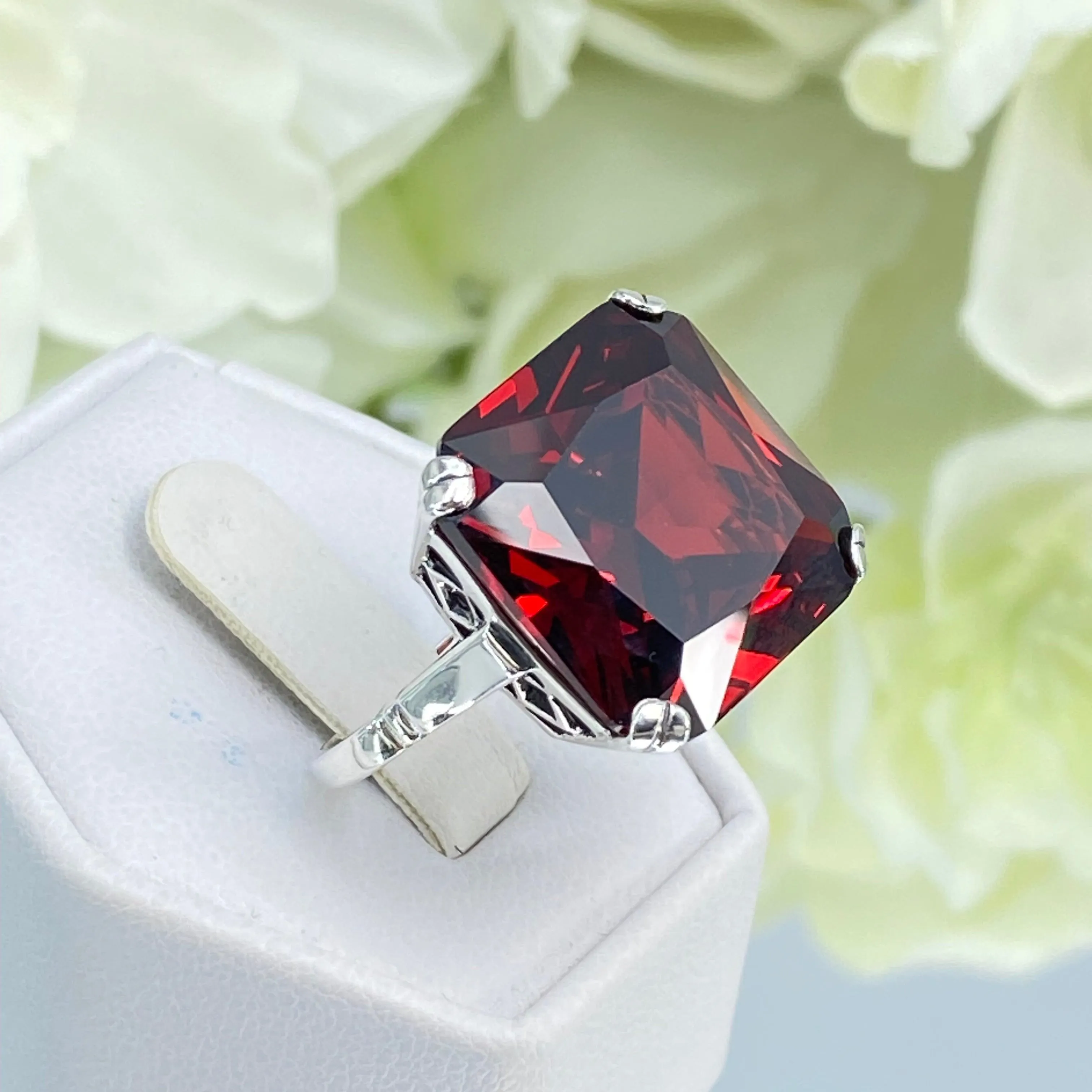 Garnet CZ Ring, 20ct Big Huge Square Gem, Vintage Jewelry #D1