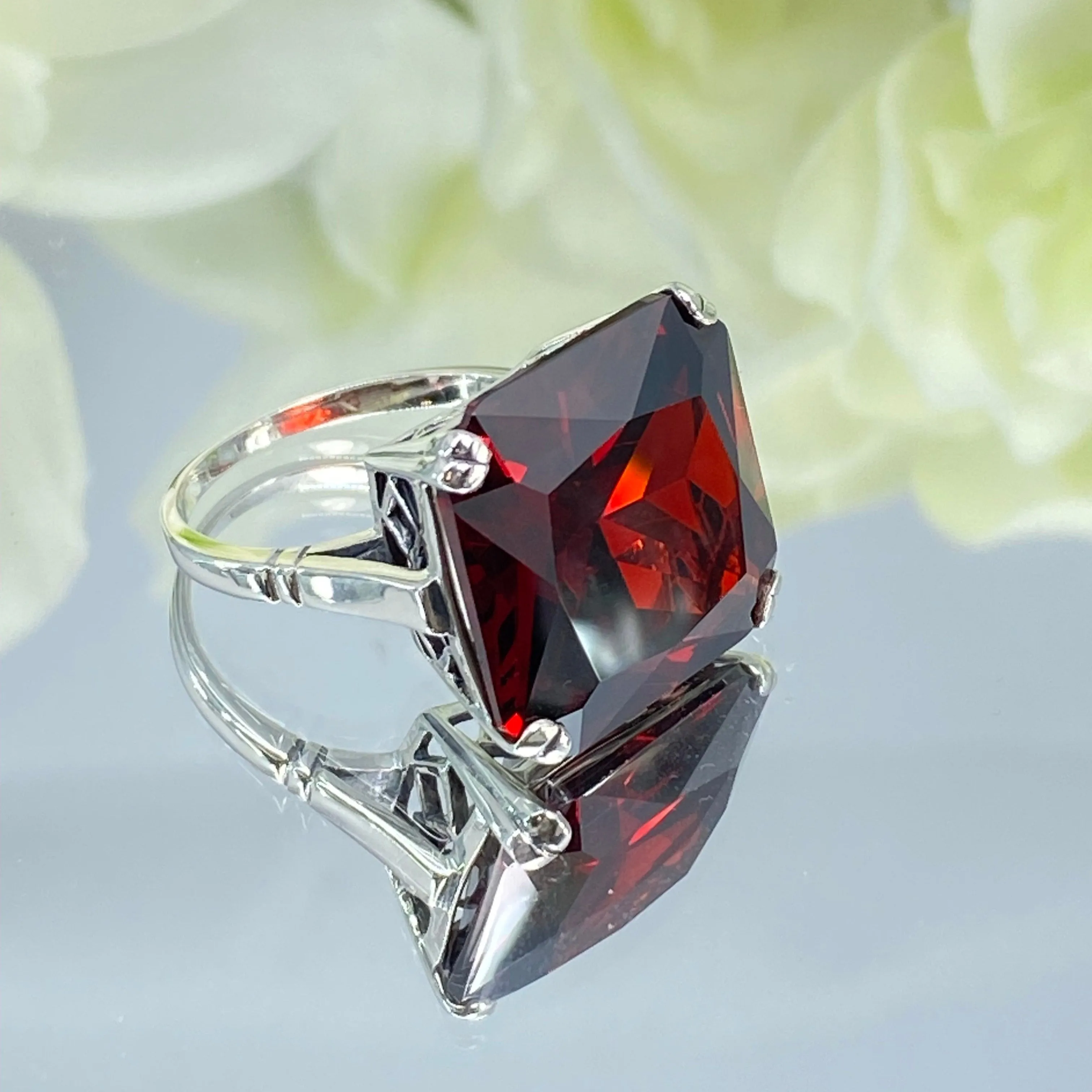 Garnet CZ Ring, 20ct Big Huge Square Gem, Vintage Jewelry #D1