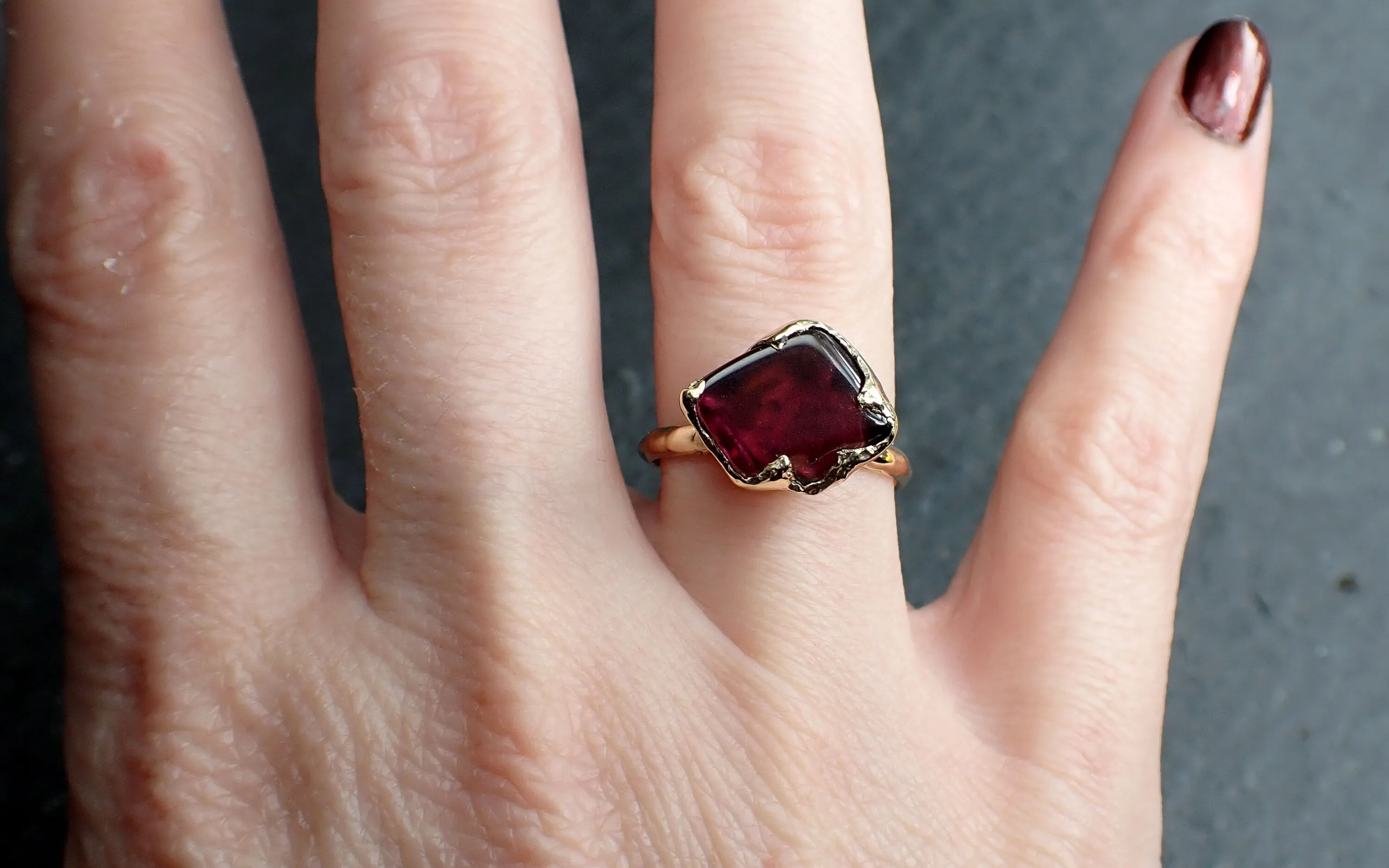 garnet tumbled red wine 14k gold solitaire gemstone ring 3262 Alternative Engagement