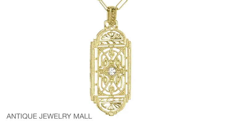 Geometric Art Deco Filigree White Sapphire Necklace Pendant in Yellow Gold Over Solid Sterling Silver