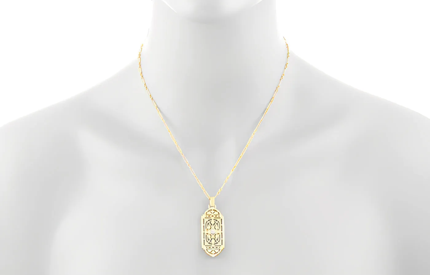 Geometric Art Deco Filigree White Sapphire Necklace Pendant in Yellow Gold Over Solid Sterling Silver