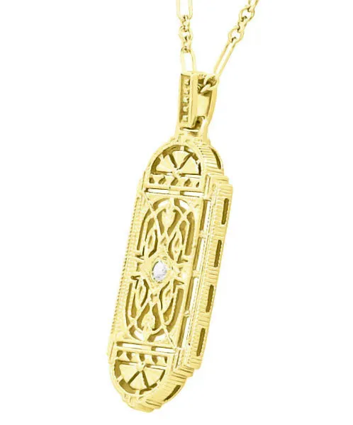Geometric Art Deco Filigree White Sapphire Necklace Pendant in Yellow Gold Over Solid Sterling Silver