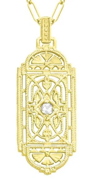 Geometric Art Deco Filigree White Sapphire Necklace Pendant in Yellow Gold Over Solid Sterling Silver