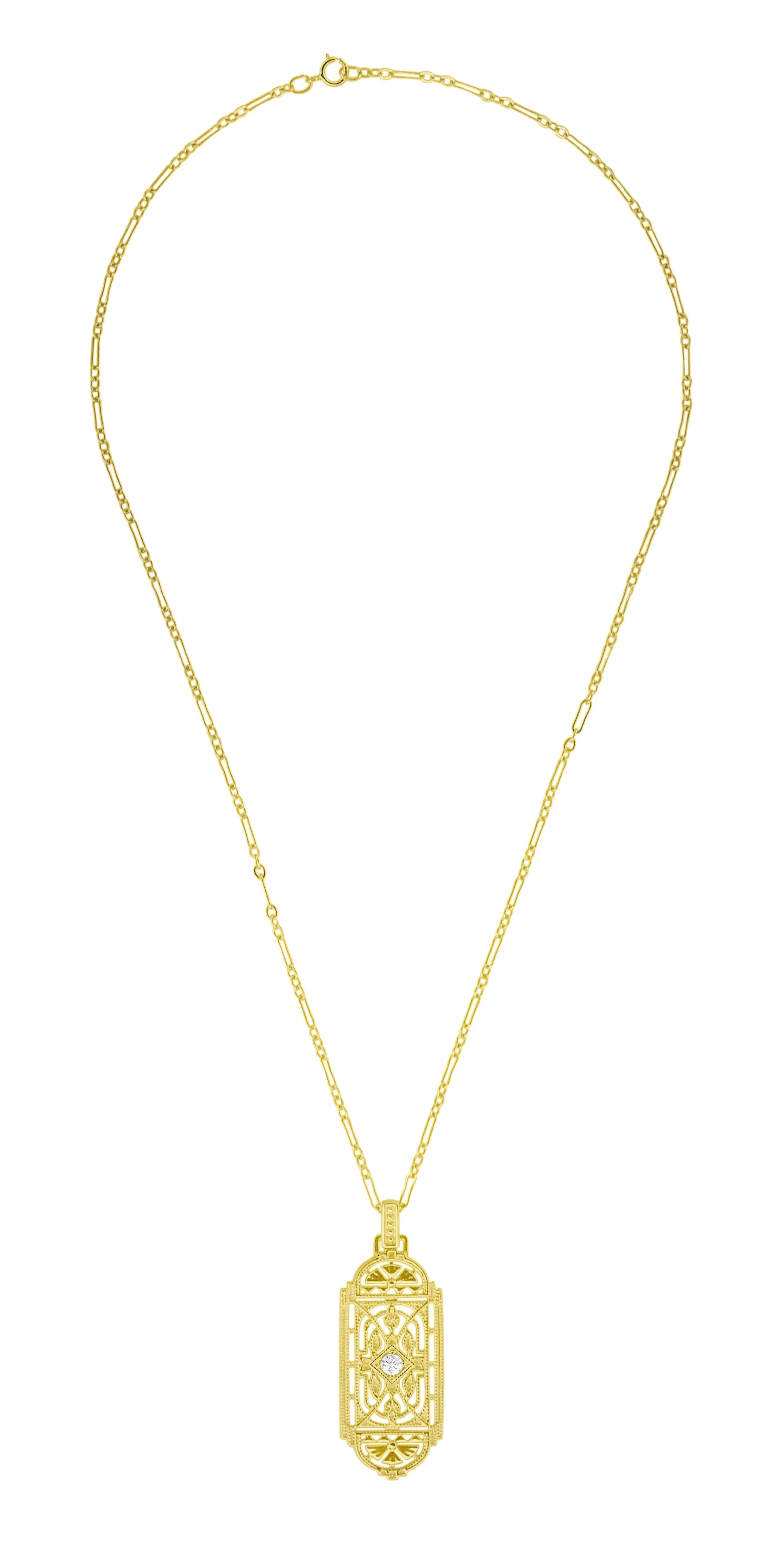 Geometric Art Deco Filigree White Sapphire Necklace Pendant in Yellow Gold Over Solid Sterling Silver