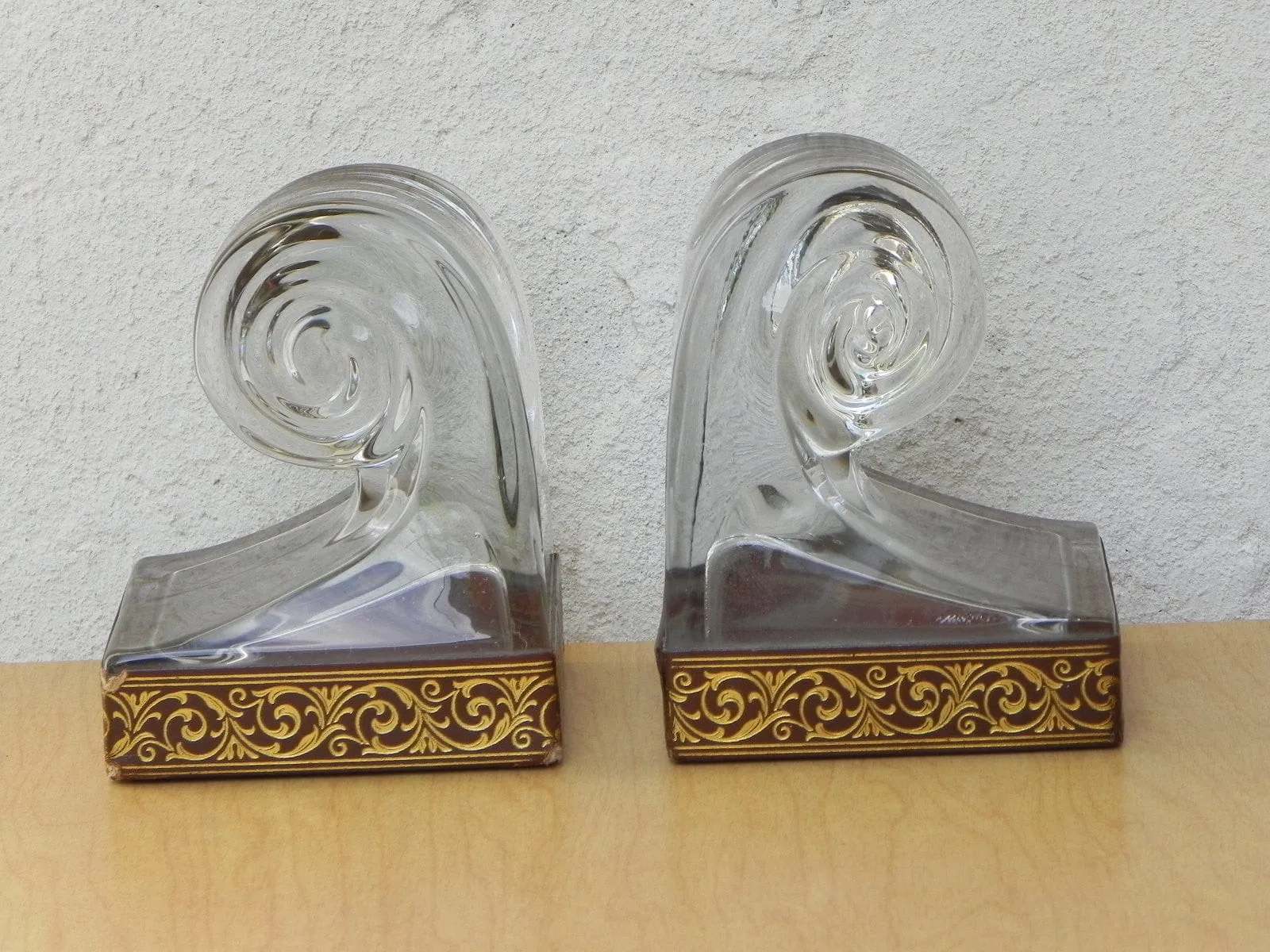 Glass Scroll Bookends With Good Embossed Leather Trim