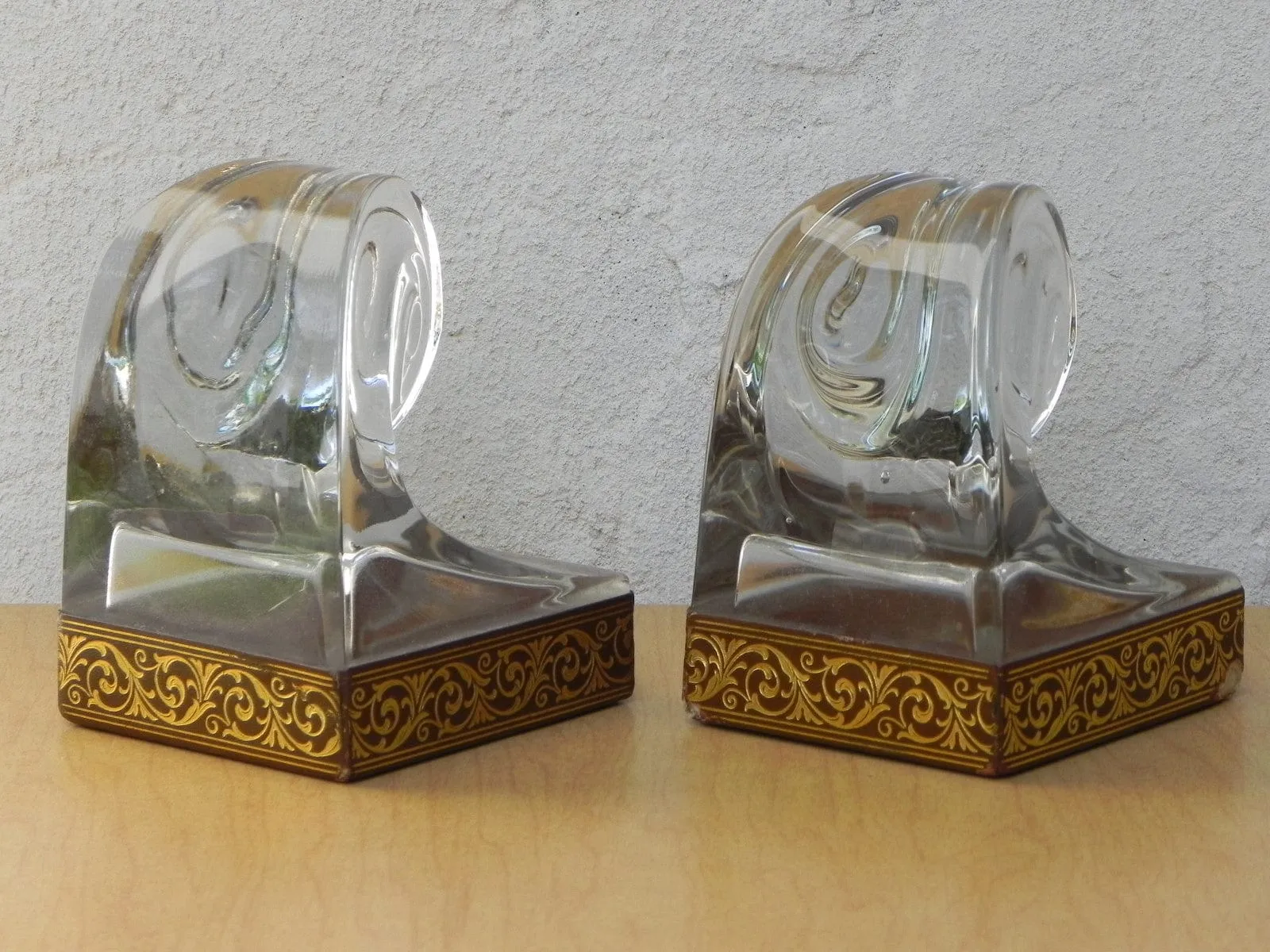 Glass Scroll Bookends With Good Embossed Leather Trim