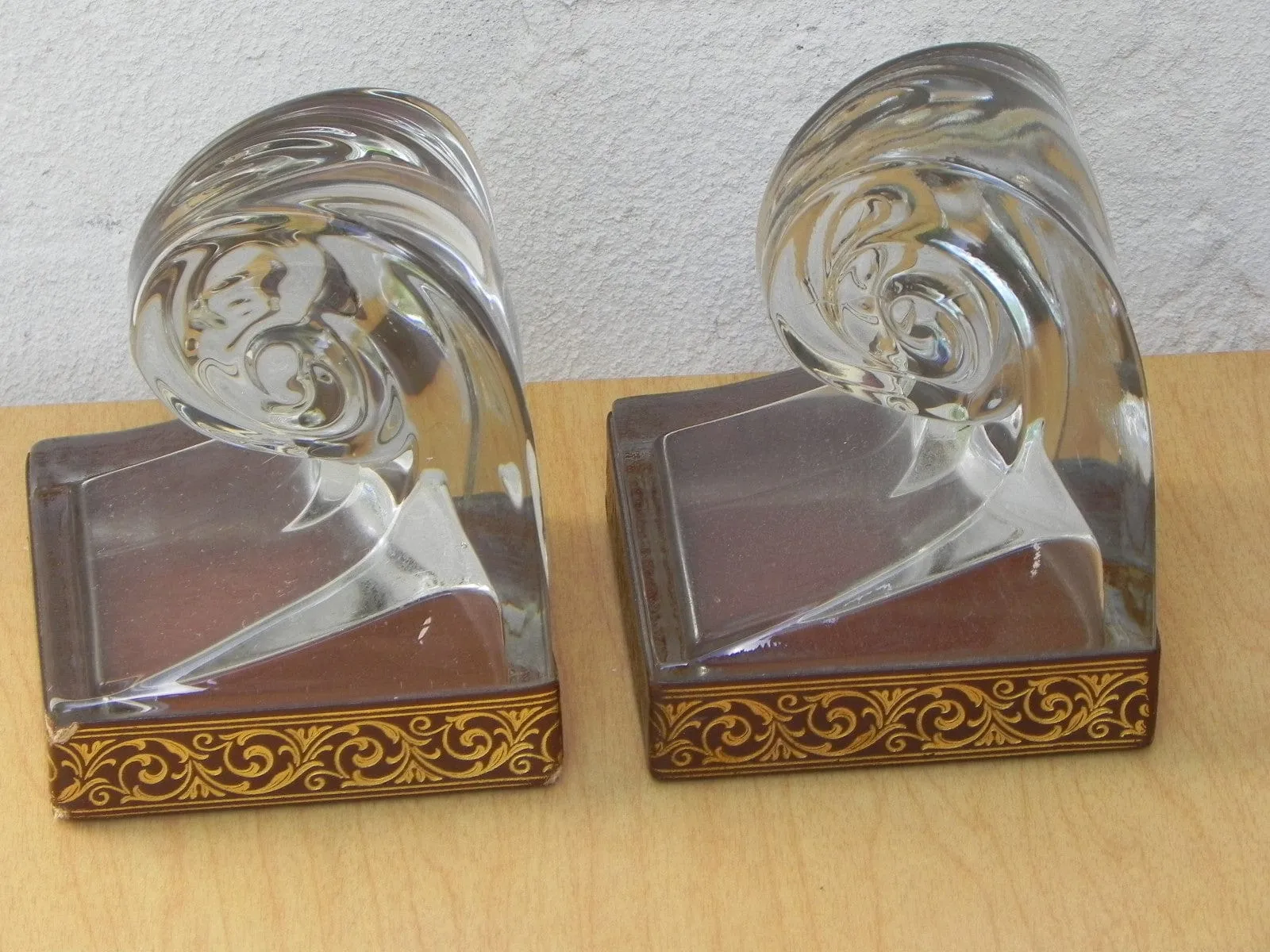 Glass Scroll Bookends With Good Embossed Leather Trim
