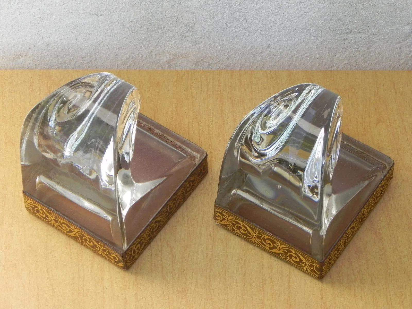 Glass Scroll Bookends With Good Embossed Leather Trim
