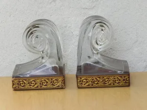 Glass Scroll Bookends With Good Embossed Leather Trim