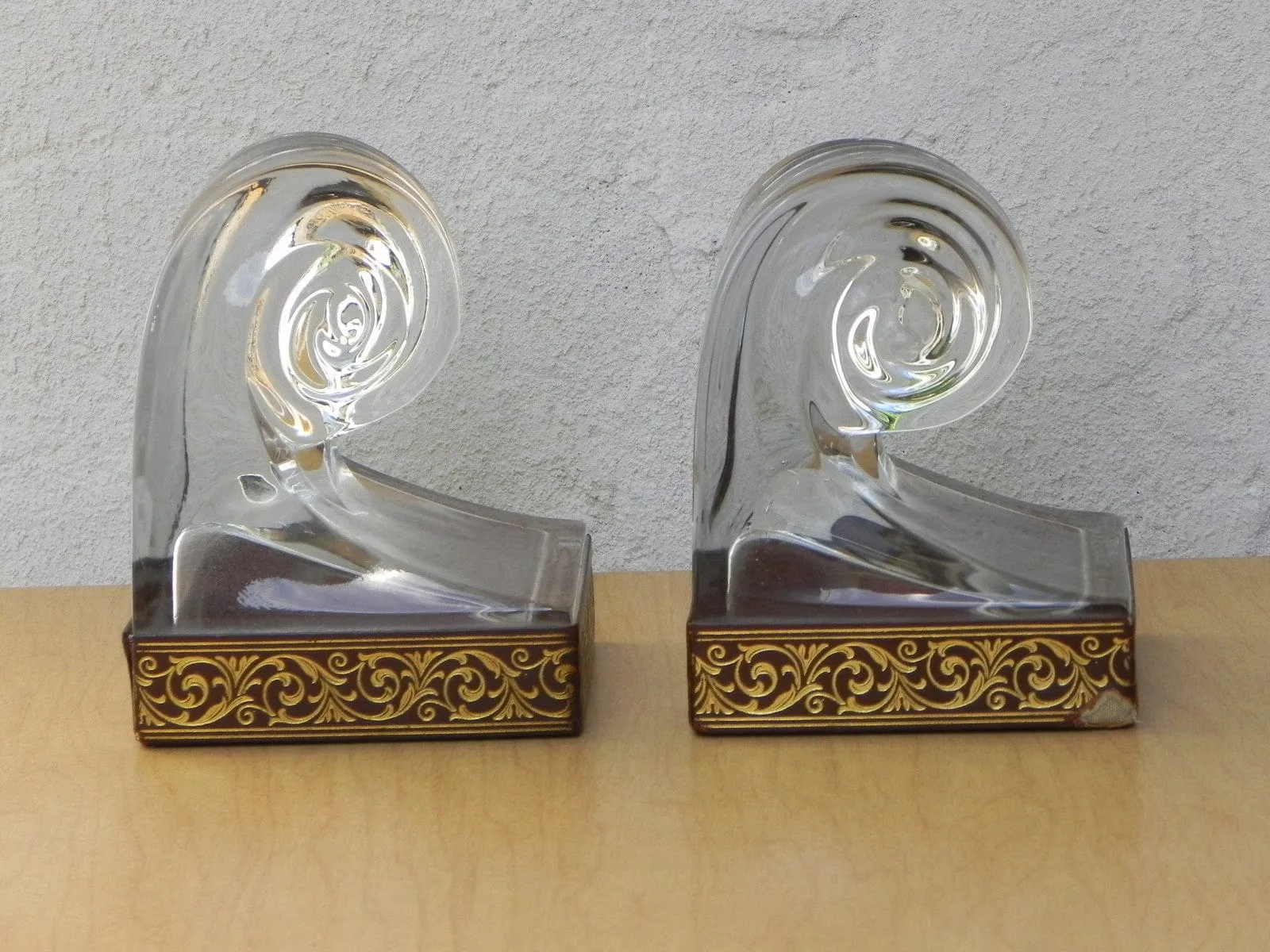 Glass Scroll Bookends With Good Embossed Leather Trim