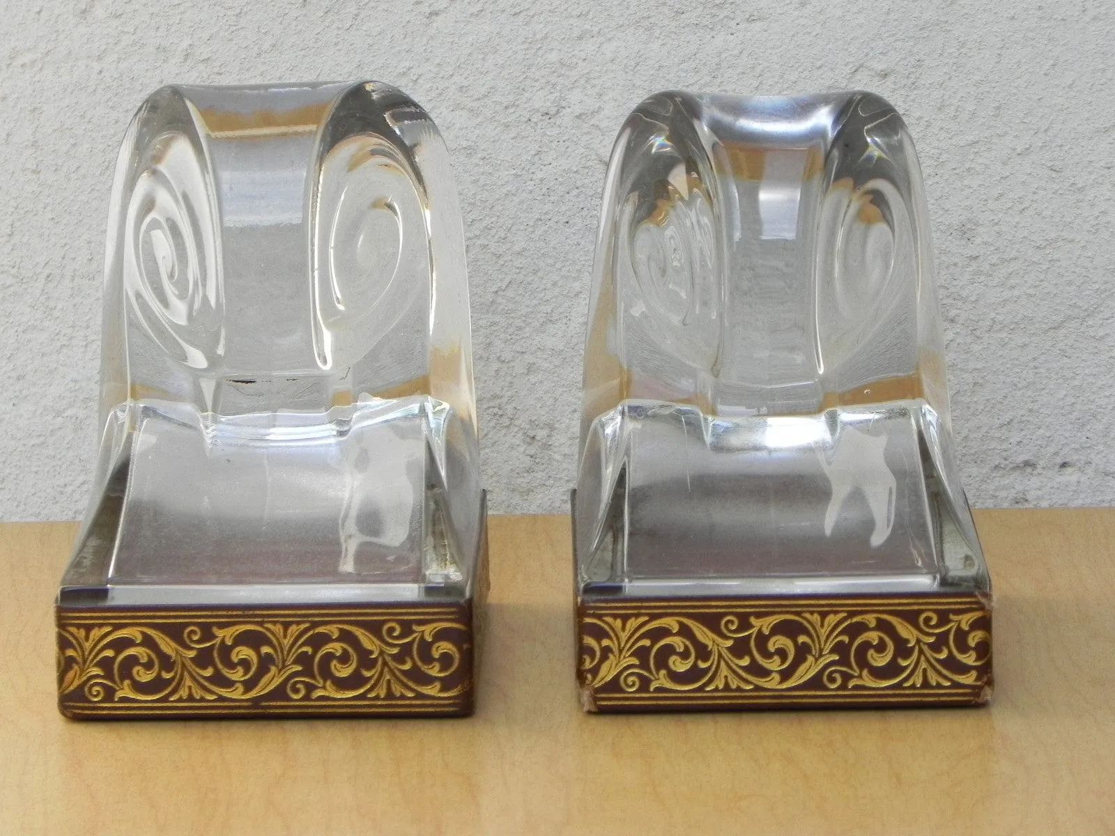 Glass Scroll Bookends With Good Embossed Leather Trim