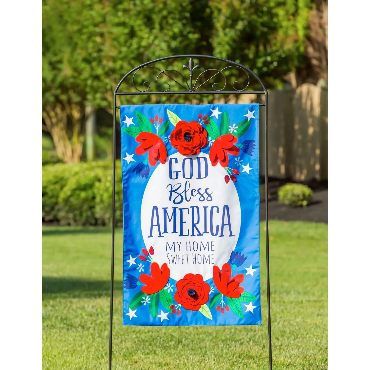 God Bless America Floral House Linen Flag,13l9170bl