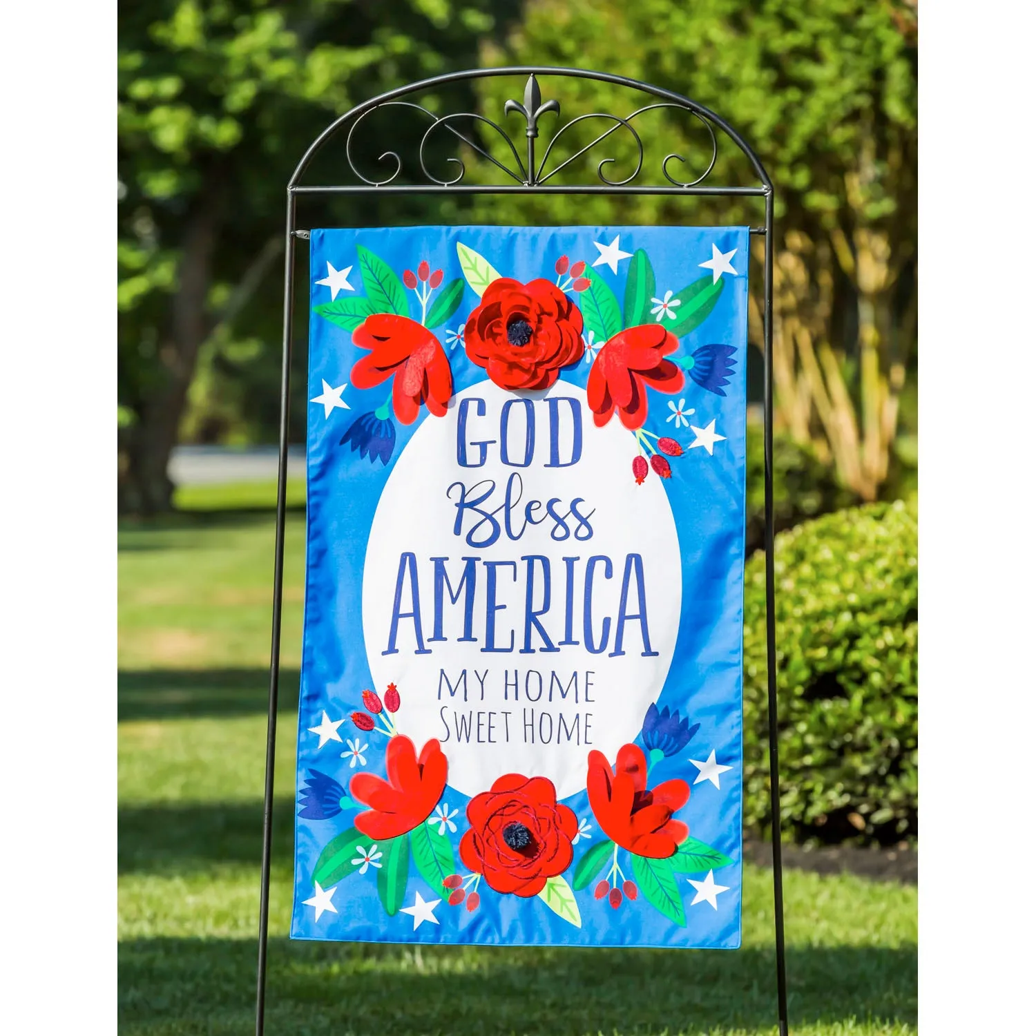 God Bless America Floral House Linen Flag,13l9170bl