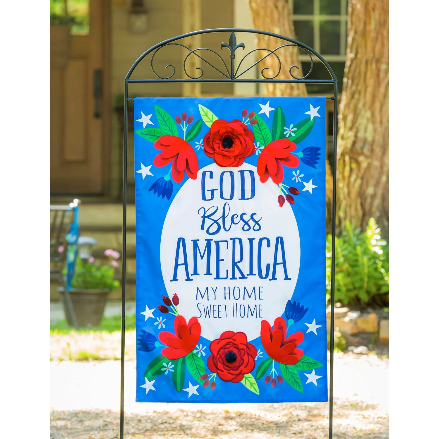 God Bless America Floral House Linen Flag,13l9170bl
