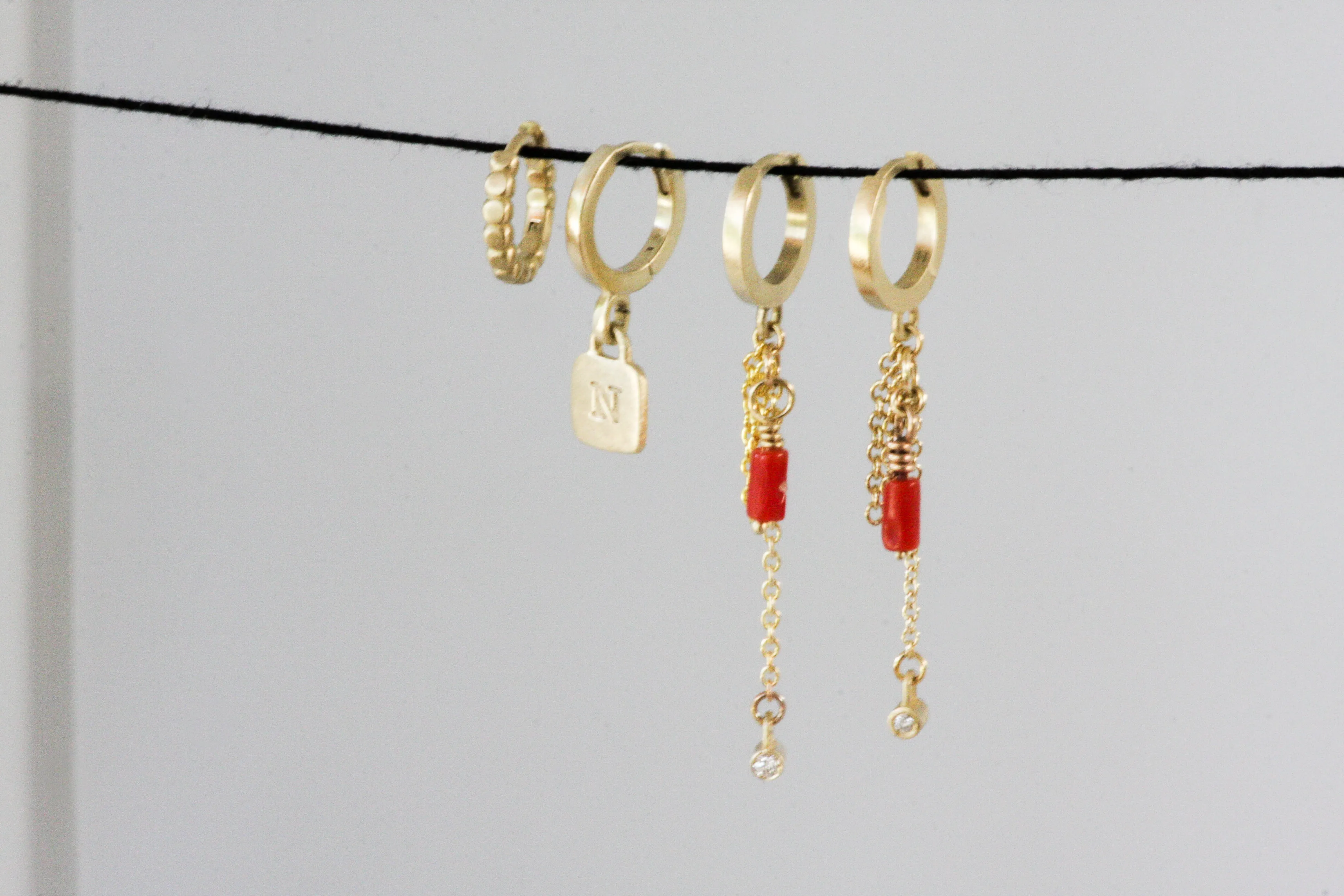 Gold Huggie With Chain, Coral & Diamond