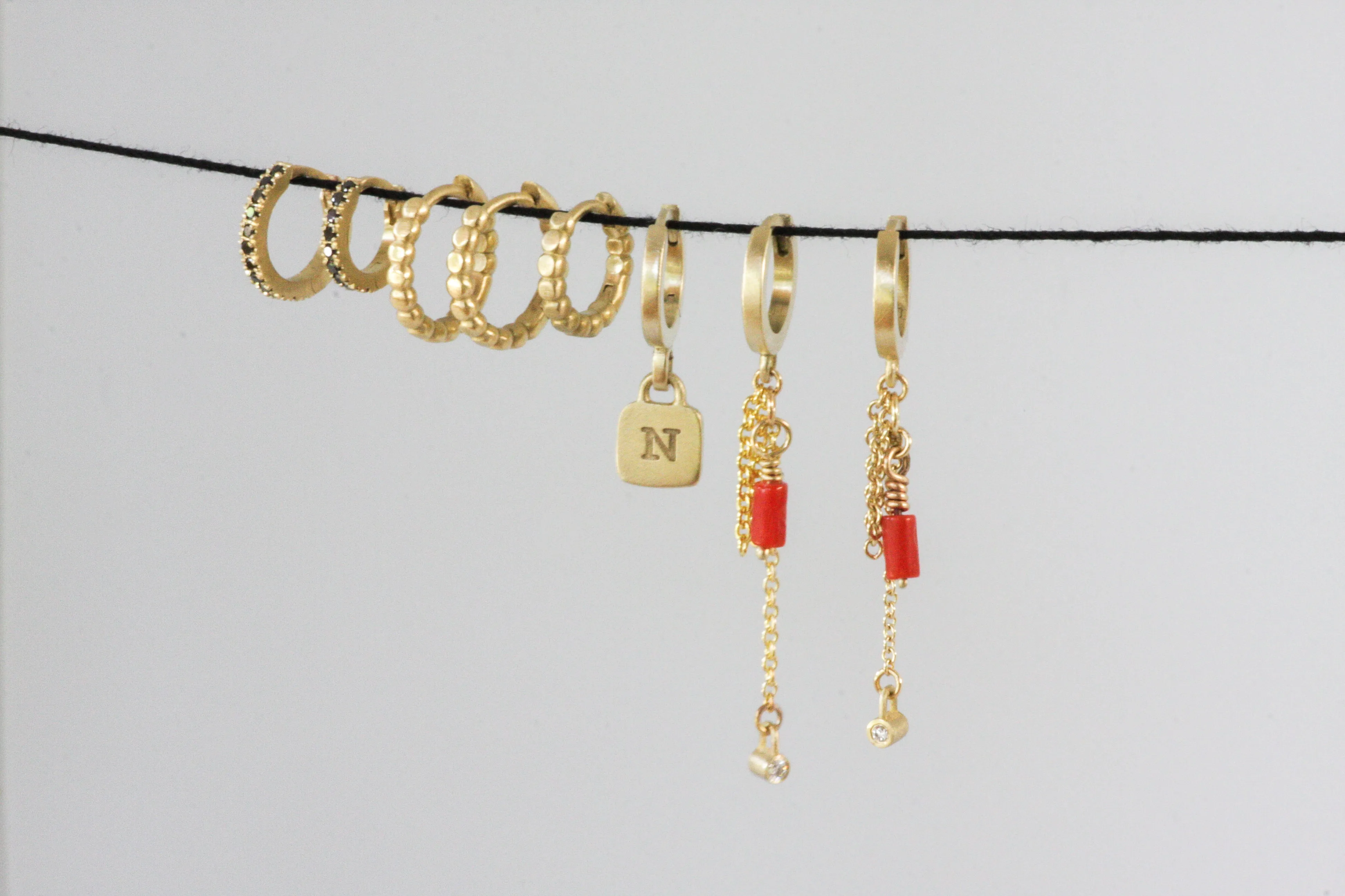 Gold Huggie With Chain, Coral & Diamond
